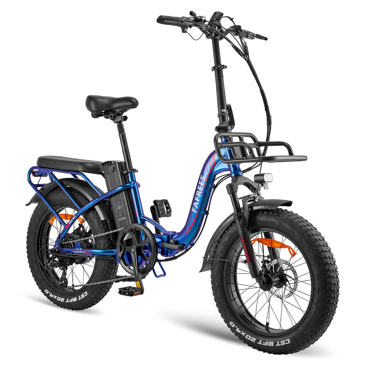 Blau-schwarzes Elektrofahrrad mit breiten Reifen, Frontkorb und dem Markennamen 'FAFREES' auf dem Rahmen.