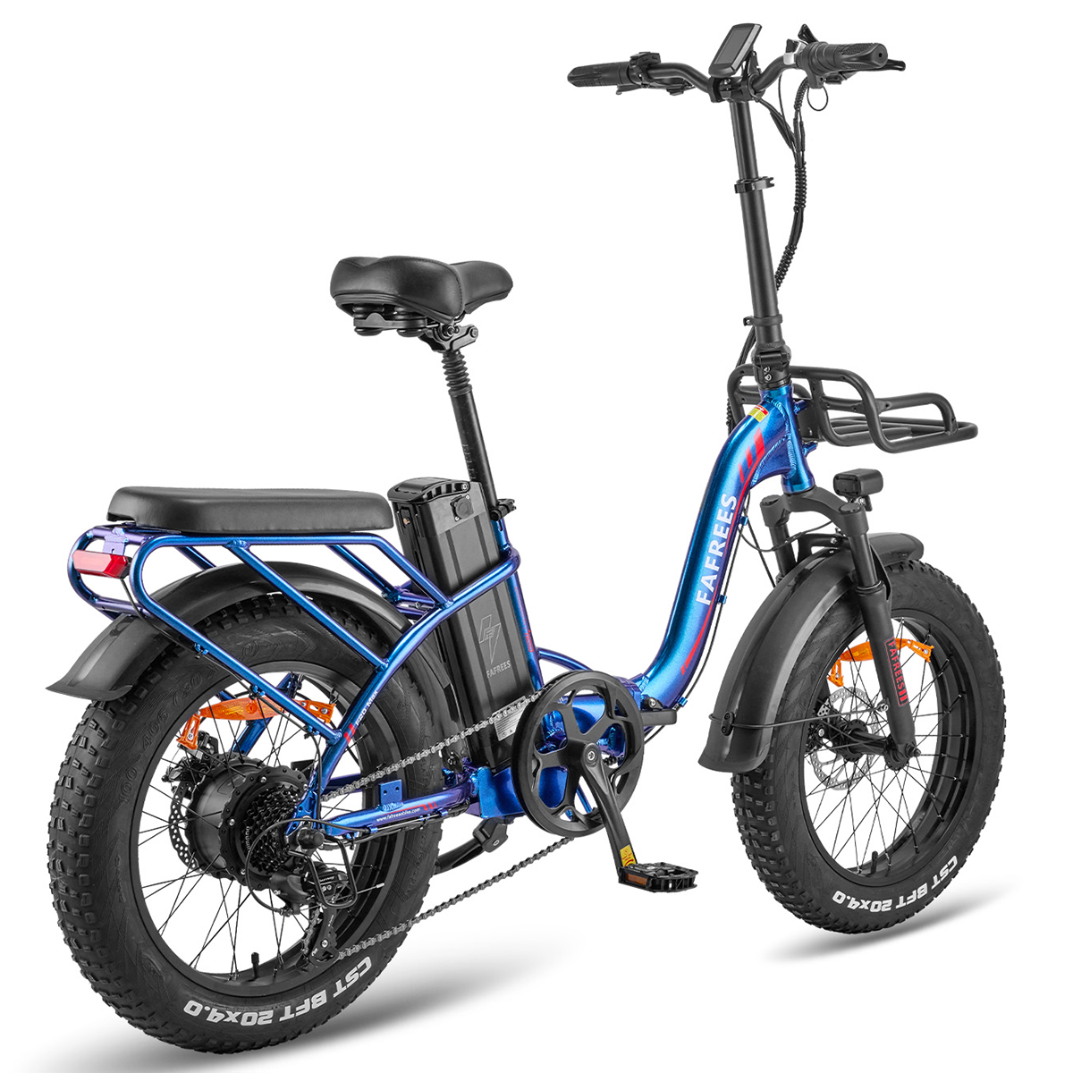 Ein blau-schwarzes Elektrofahrrad mit fetten Reifen. Es hat einen Korb, einen Akku und den Markennamen FAFREES auf dem Rahmen.