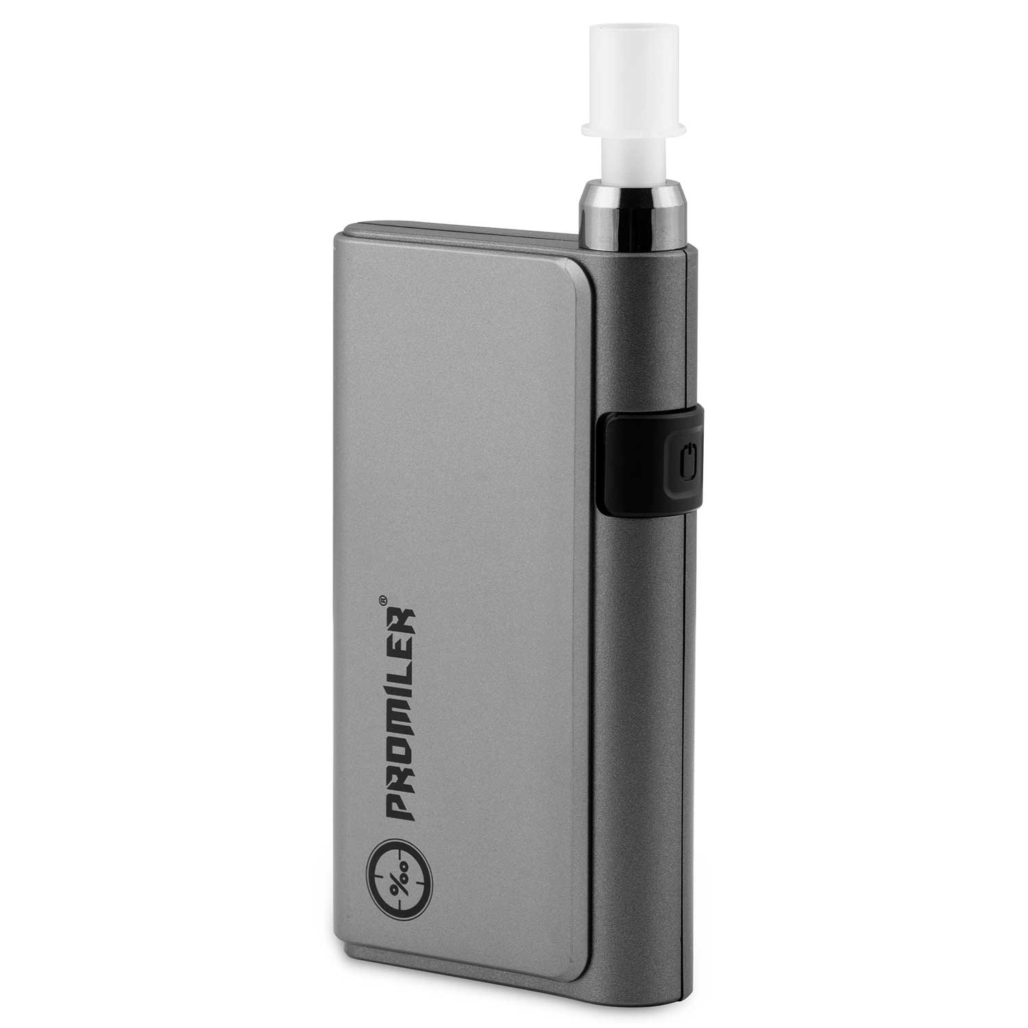 Szary alkomat Promiler z białym ustnikiem, czarnym przyciskiem i logo z przodu. Odizolowany na białym tle.