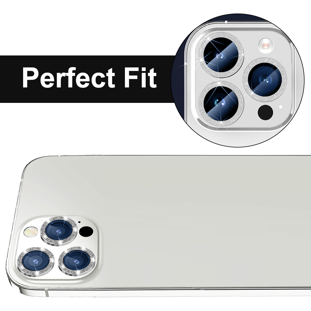 Silberne Telefonrückseite mit hervorgehobenen Kameralinsen. Über dem Telefon steht der Satz 'Perfect Fit'.