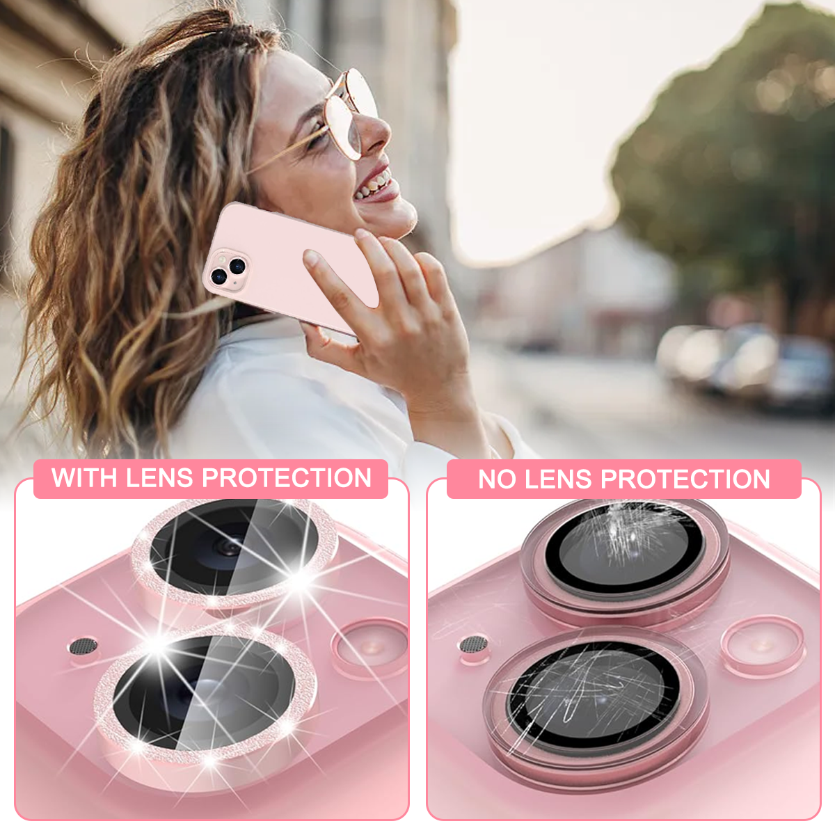 Lächelnde Frau, die ein rosa Telefon hält. Zeigt Telefonlinsen mit und ohne Schutz, mit Linsenschutz im Vordergrund.