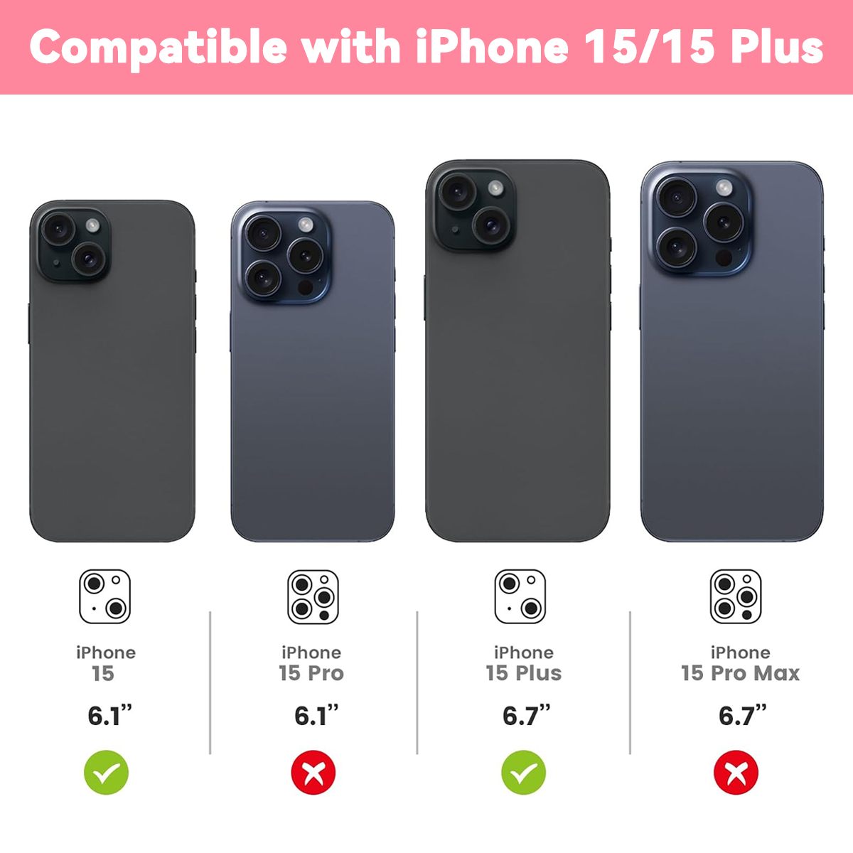 Das Bild zeigt vier iPhones mit Hüllen. Die Kompatibilität wird mit Häkchen für 15 und 15 Plus und Kreuzen für 15 Pro und 15 Pro Max angezeigt.