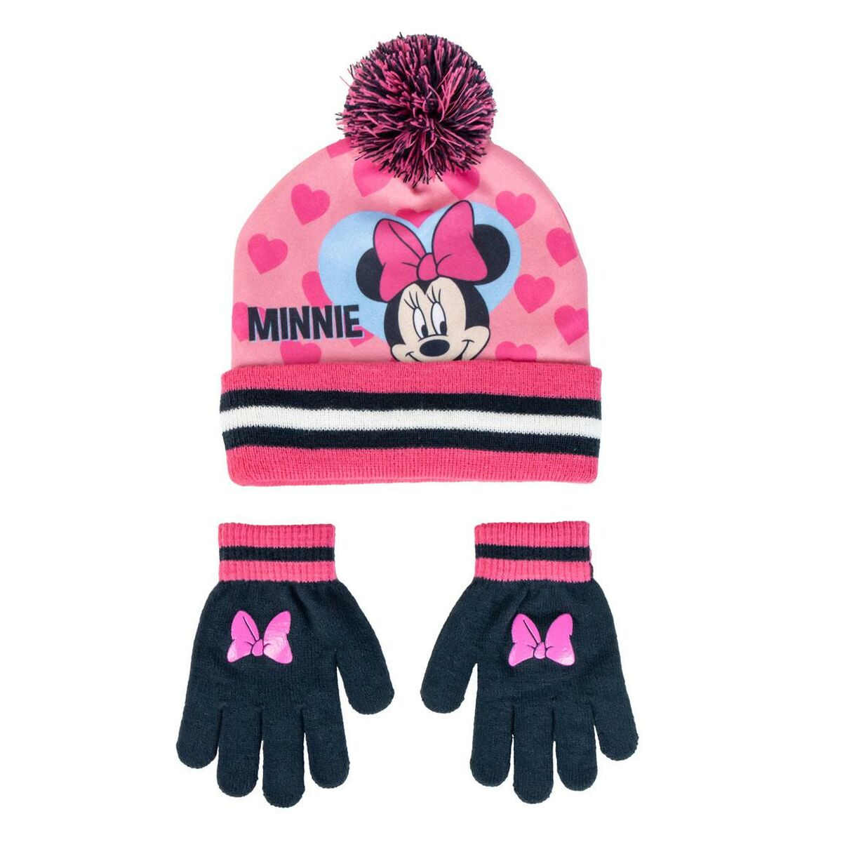Ein rosa Minnie-Mouse-Hut und -Handschuh-Set. Der Hut hat einen Bommel und Minnie's Gesicht. Handschuhe sind marineblau mit rosa Schleifen.