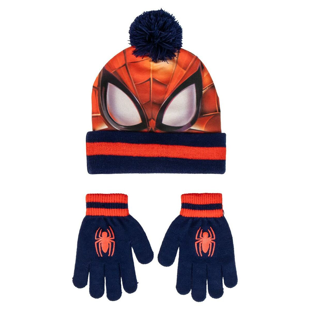 Ein Spider-Man-Winterset. Enthält eine Mütze mit Bommel und zwei Handschuhe. Das Set ist blau mit orangen Streifen und dem Spider-Man-Logo.
