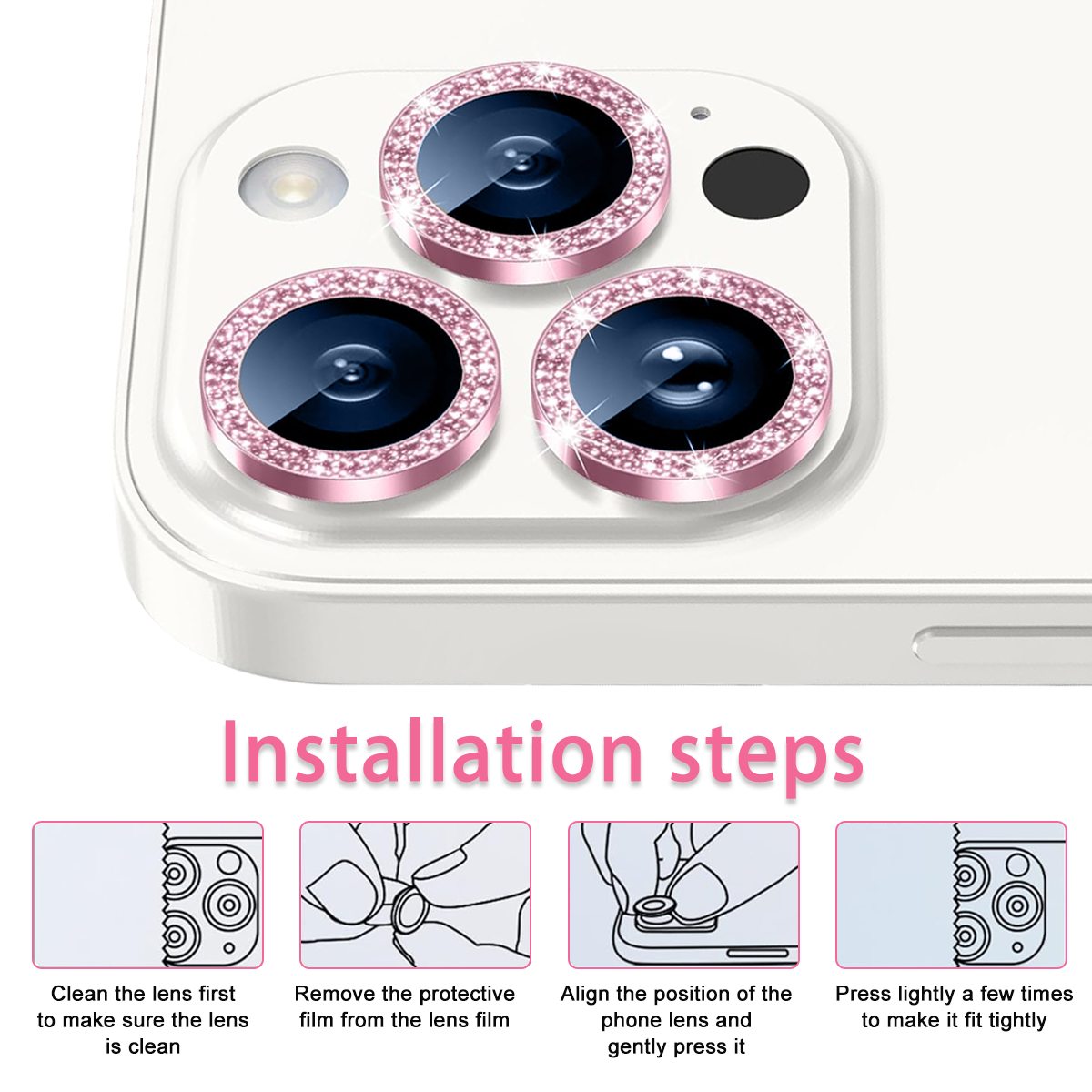 Nahaufnahme der Telefonkamera mit dekorativen rosa Ringen. Installationsschritte mit Illustrationen werden unten angezeigt.