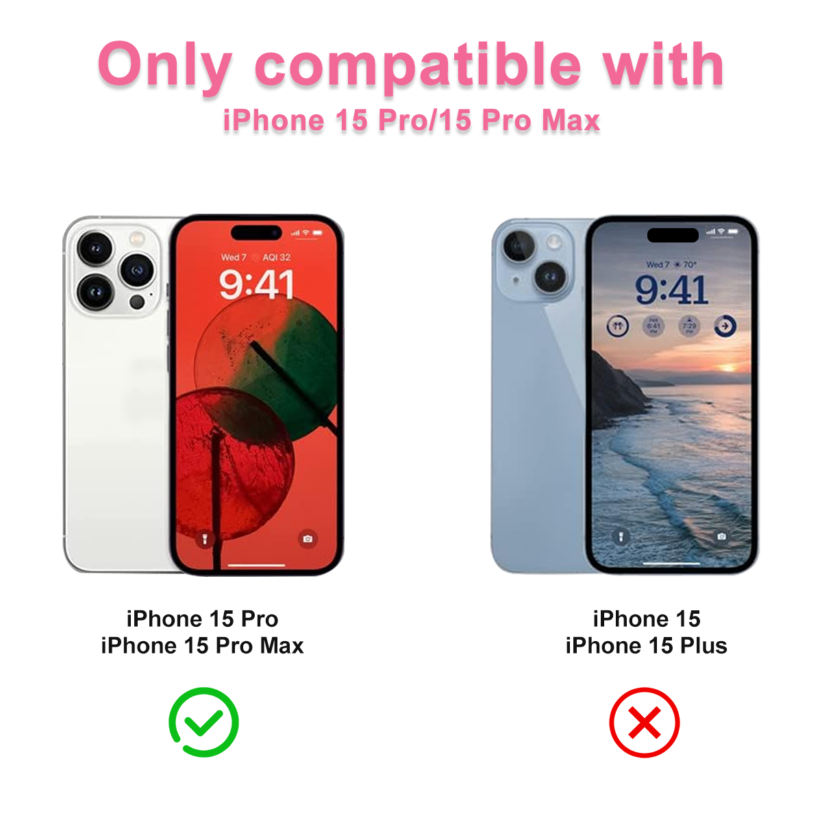Das Bild zeigt zwei Telefone, iPhone 15 Pro und iPhone 15. Grünes Häkchen neben Pro, rotes X neben Plus. Text zeigt Kompatibilität.