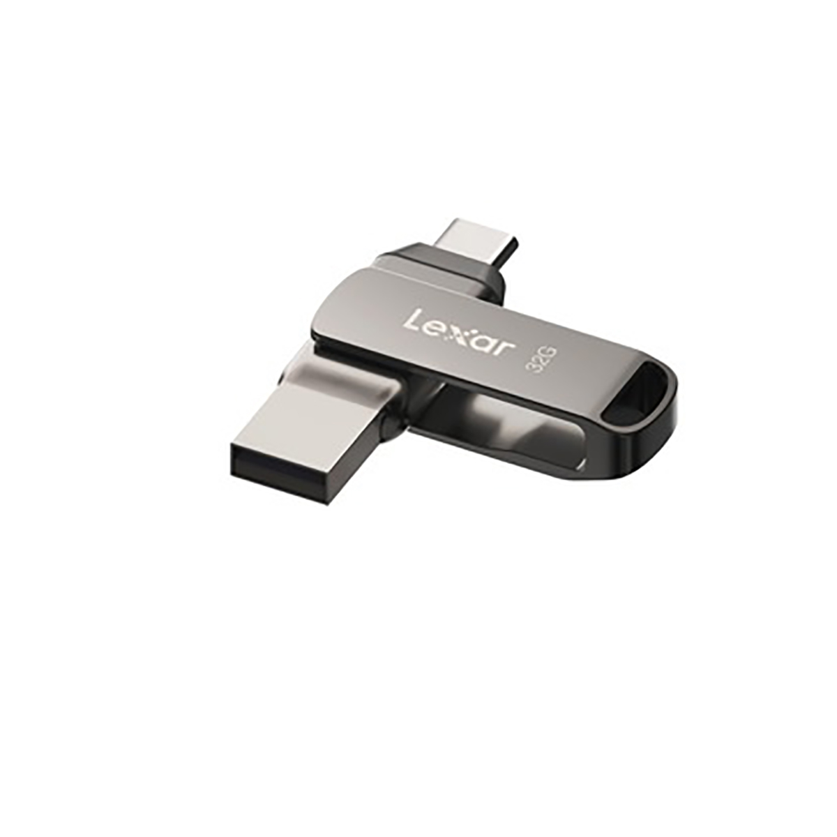 Un'unità USB Lexar 32G argentata. Ha un connettore USB-A e USB-C. L'unità è su sfondo bianco.