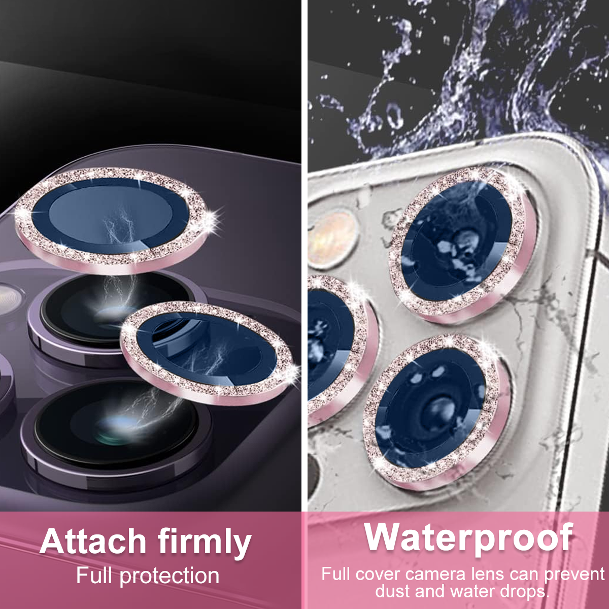 Das Bild zeigt einen Telefokamera-Linsenschutz. Es hat eine dunkelblaue Linse, umgeben von einem rosa Rand mit kleinen glitzernden Steinen.