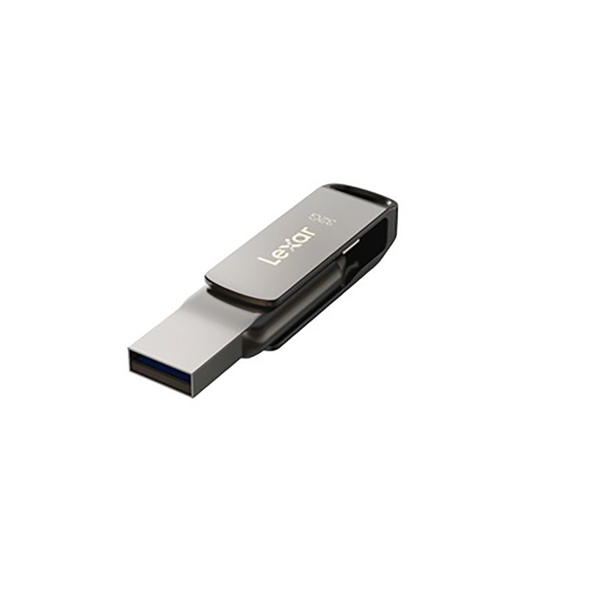 Un'unità flash USB Lexar argentata giace su sfondo bianco. L'unità è metallica con il logo Lexar sopra.