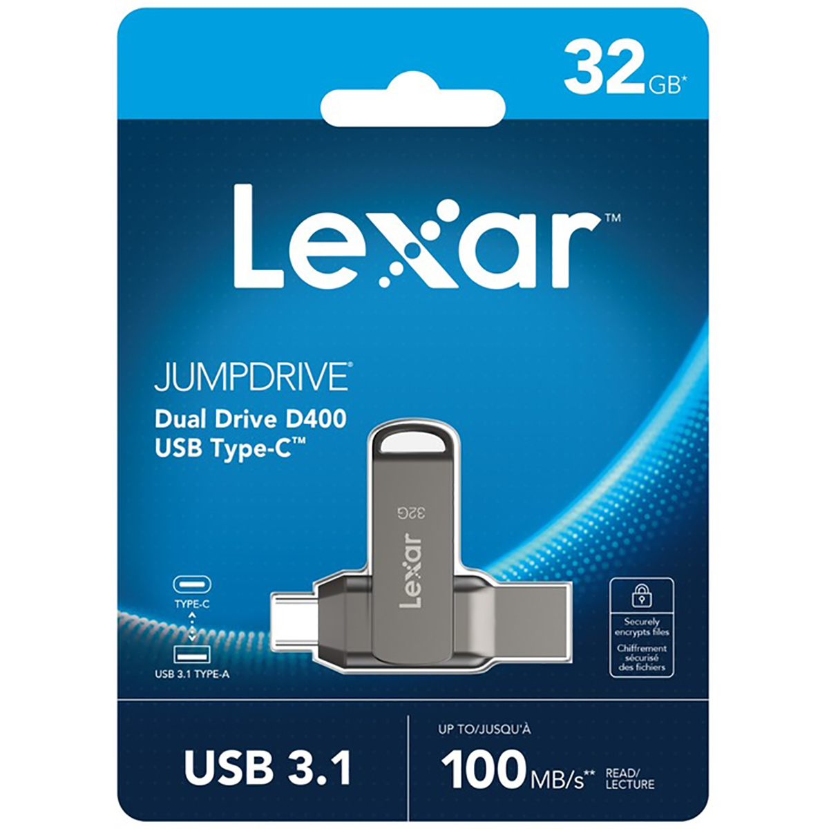 Una chiavetta USB Lexar JumpDrive sulla sua confezione. È un'unità dual drive USB Type-C da 32 GB e supporta USB 3.1.