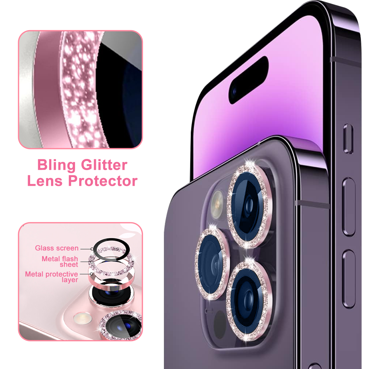 Ein lila Smartphone mit einem Bling-Glitzer-Linsenprotektor. Das Bild zeigt die Kameralinsen des Telefons und ein Diagramm der Schutzschichten.