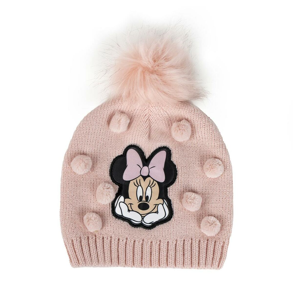 Eine rosa Strickmütze mit Minnie Mouse auf der Vorderseite, einem Bommel oben und kleinen Bommeln um die Figur herum.