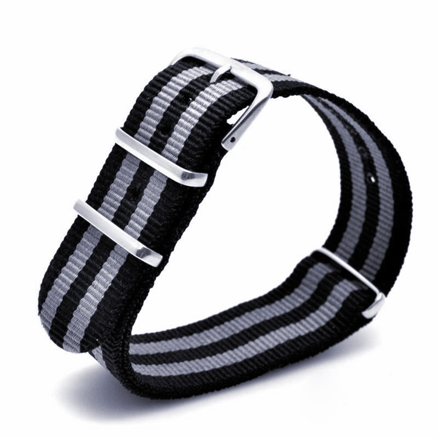 Czarno-szary paskiem do zegarka w paski ze srebrnym metalowym osprzętem, w tym klamrą i pętlami, na białym tle.