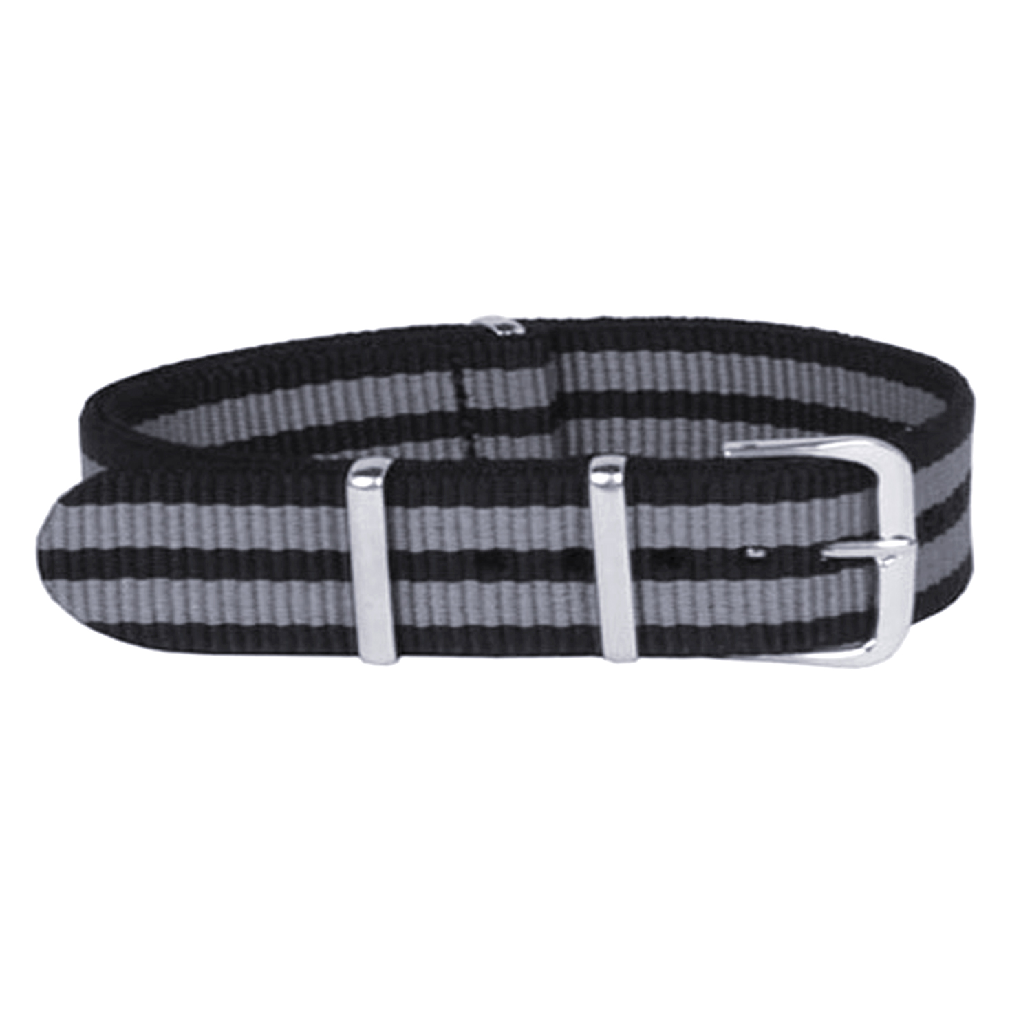 Czarno-szary paskowany pasek do zegarka ze srebrnymi metalowymi elementami, w tym klamrą i szlufkami, na białym tle.