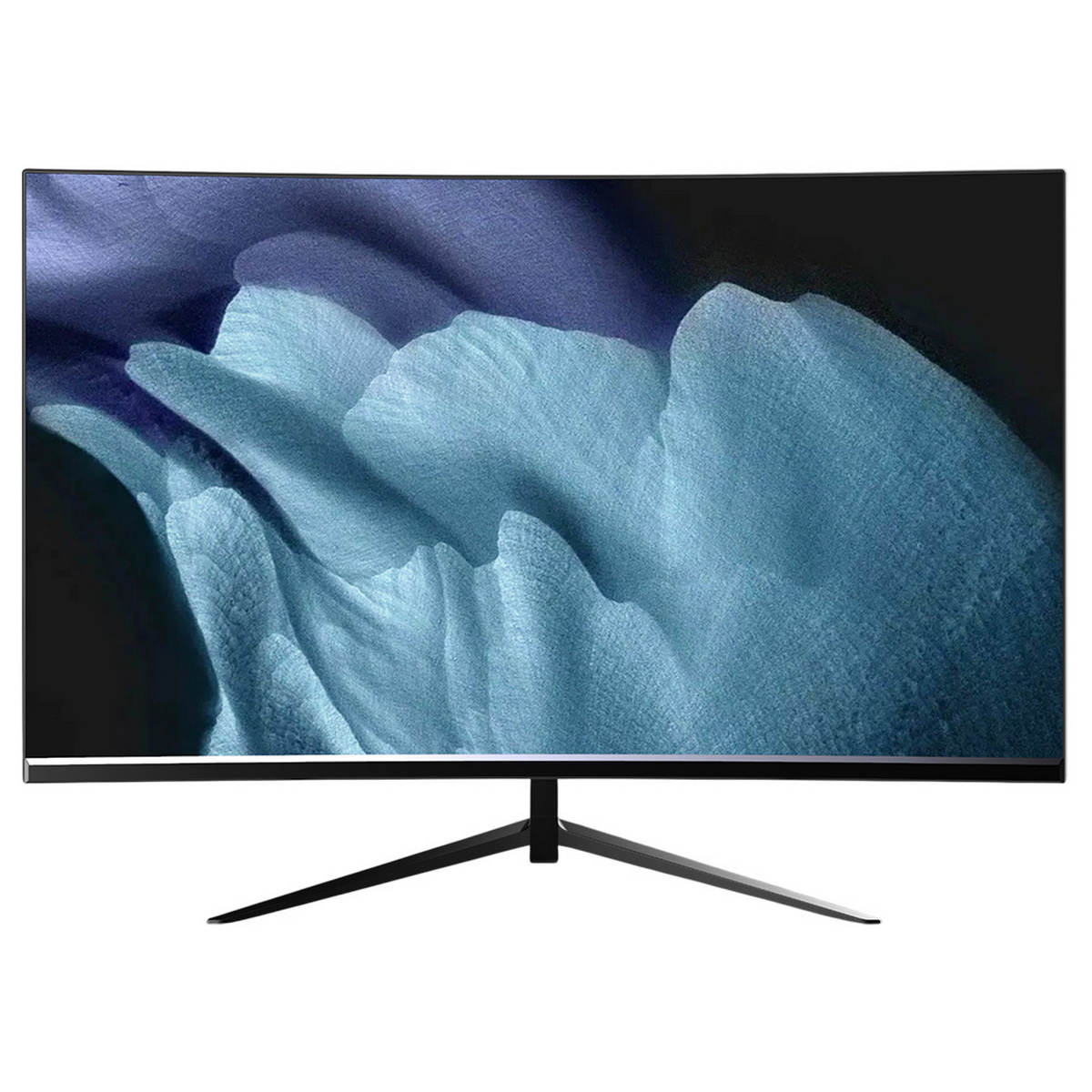 Ein schwarzer Computermonitor mit einem abstrakten blau-weißen Design, das von einem schwarzen Ständer auf weißem Hintergrund getragen wird.