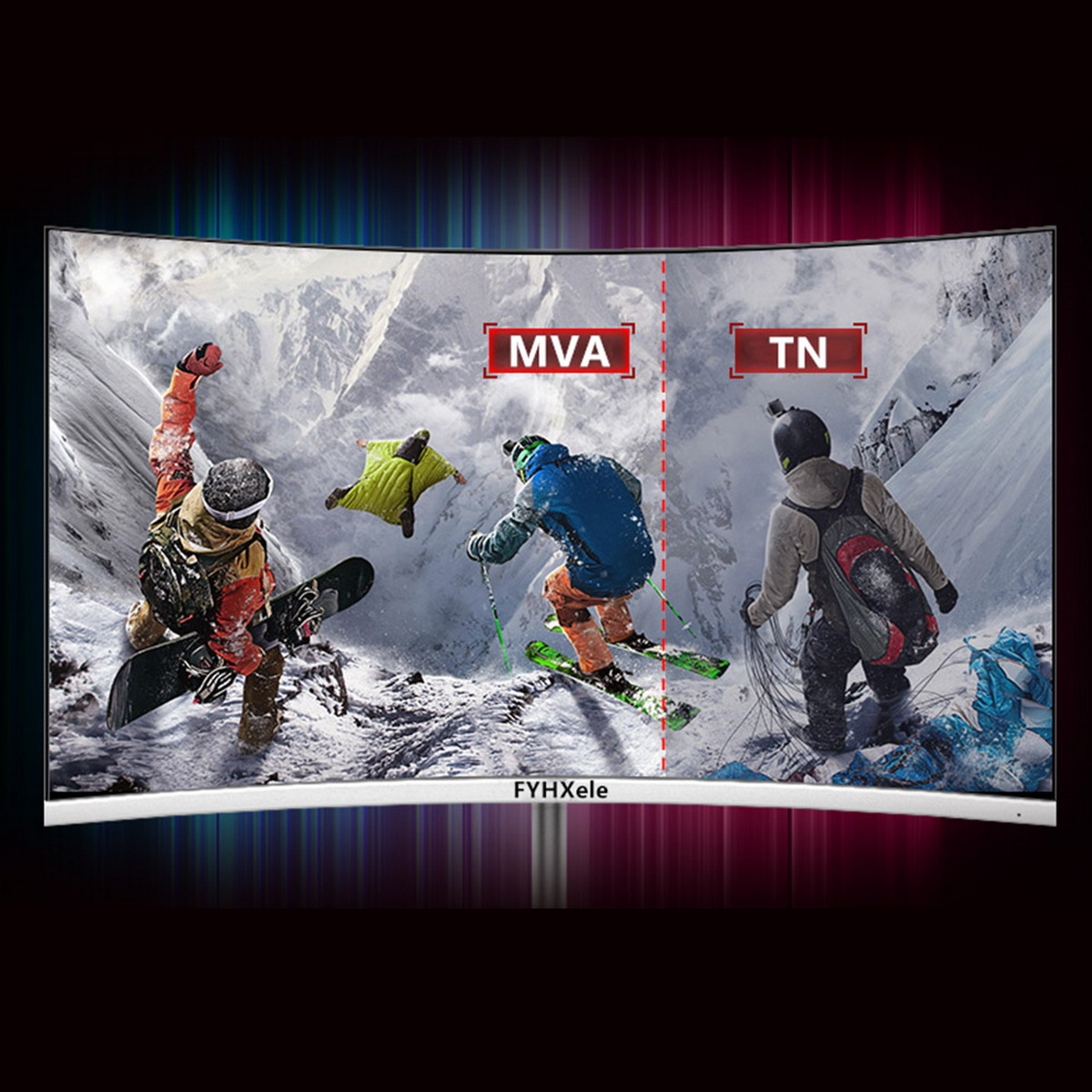 Ein gebogener Bildschirm zeigt Wintersportarten: Snowboarder, Skifahrer, Wingsuit-Flieger. MVA- und TN-Labels zeigen Technologievergleiche.