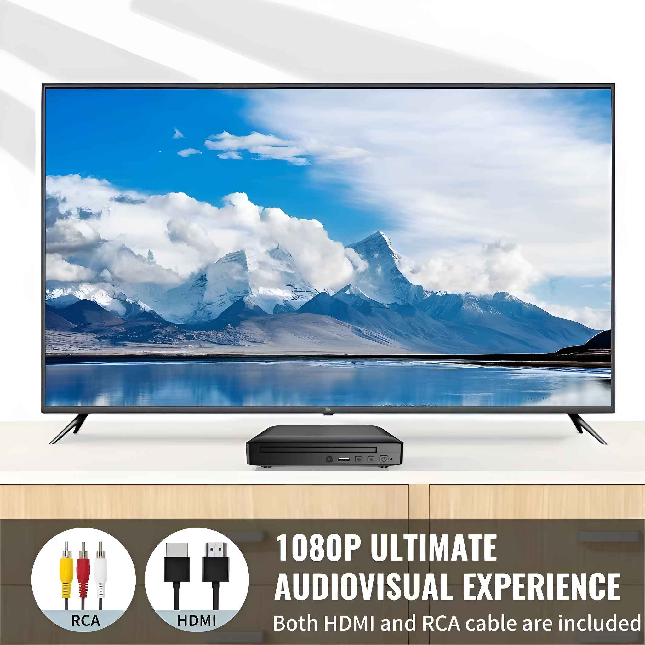Ein Fernseher zeigt eine Berg- und Seeszene. Darunter ein DVD-Player und Kabel: Cinch und HDMI. Text: '1080P ULTIMATIVE AUDIOVISUELLE ERFAHRUNG'.