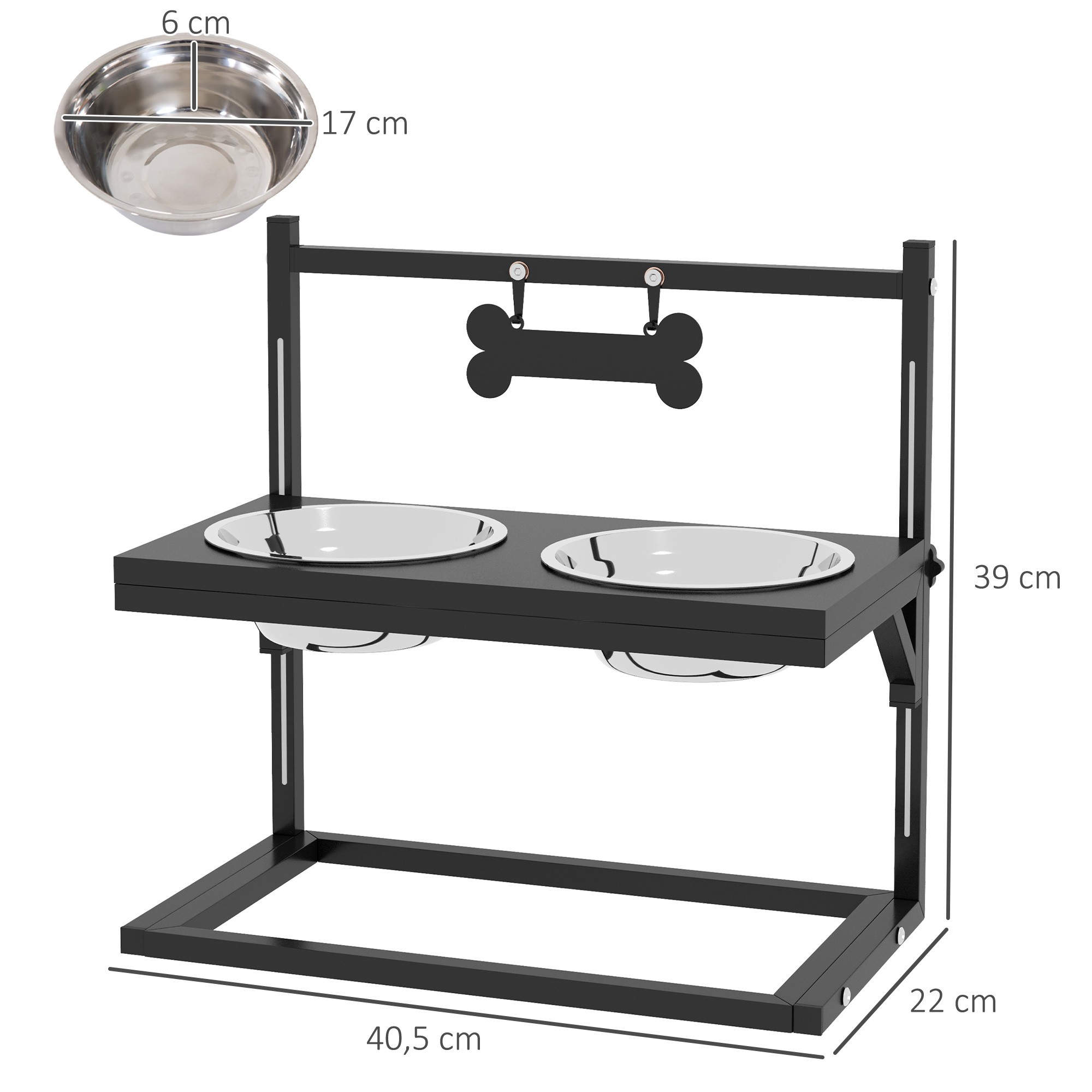 Soporte elevado negro para cuencos para perros con dos cuencos. Cuelga un colgante en forma de hueso. Dimensiones en centímetros.