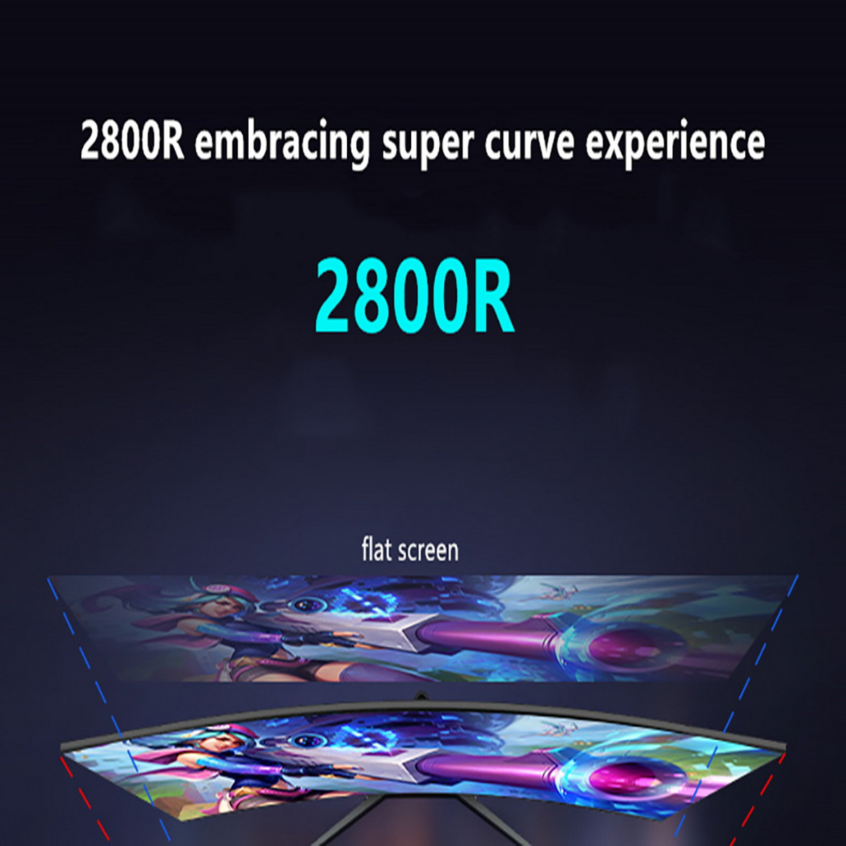 Ein gekrümmter Monitor mit einer Spielszene auf dem Bildschirm. Text: 2800R, Super-Kurven-Erlebnis und 2800R. Flachbildschirm ebenfalls gezeigt.