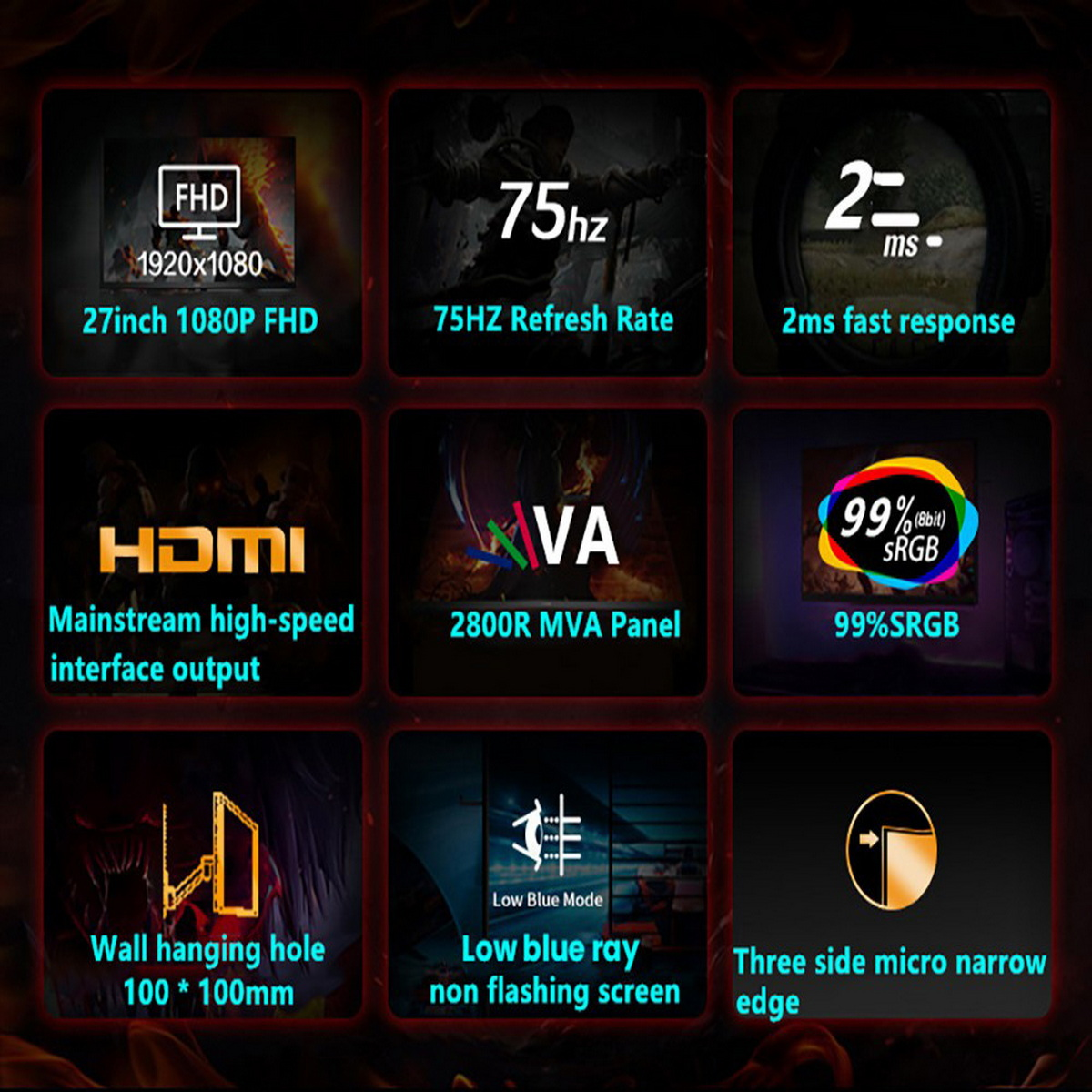 Grafik mit Monitorfunktionen: FHD, 75 Hz Bildwiederholfrequenz, 2 ms Reaktionszeit, HDMI, MVA-Panel, sRGB, Wandhalterung, Blaulichtfilter, schmaler Rand.