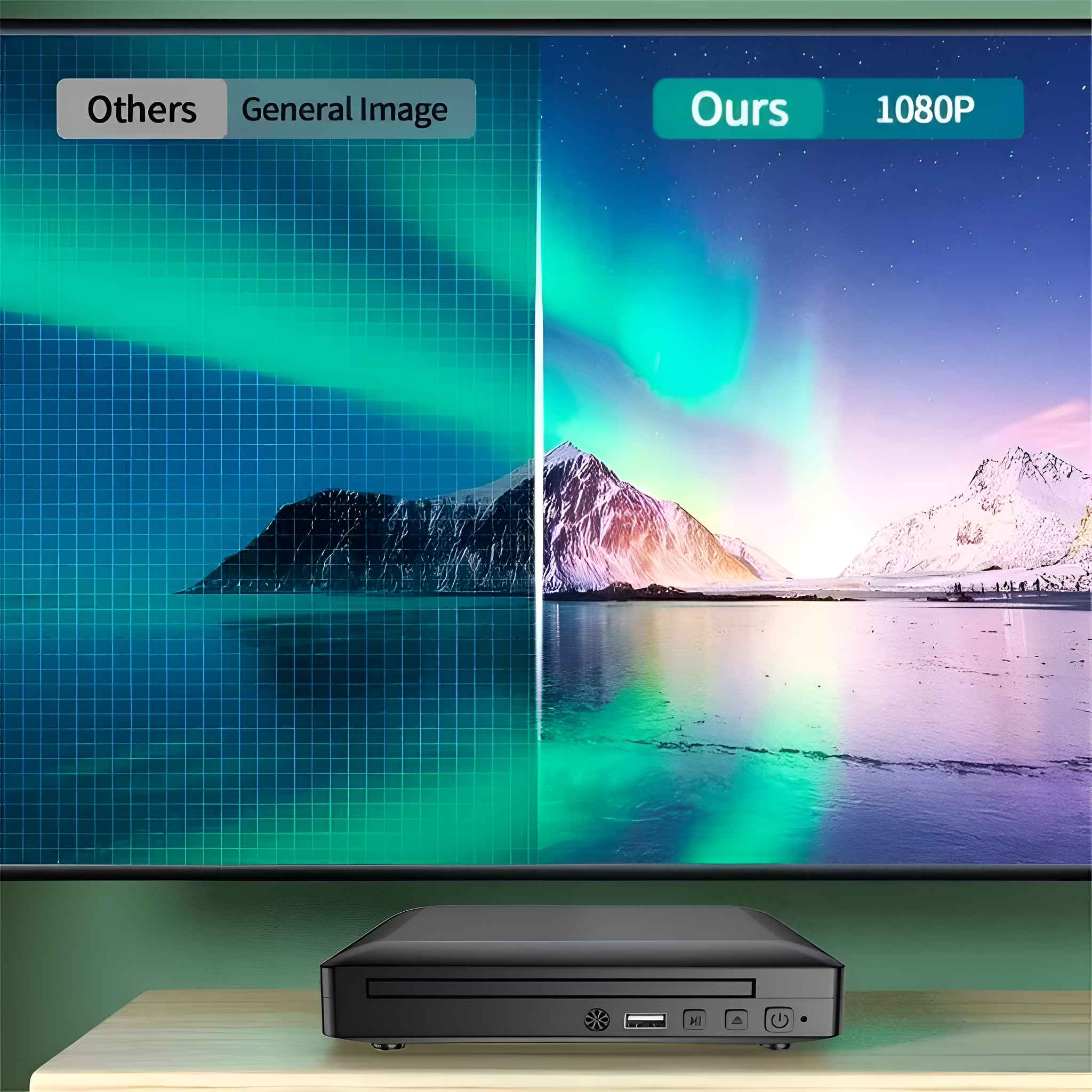 Bildvergleich: links ein Raster, rechts eine Landschaft mit Bergen und Wasser, darunter ein DVD-Player.