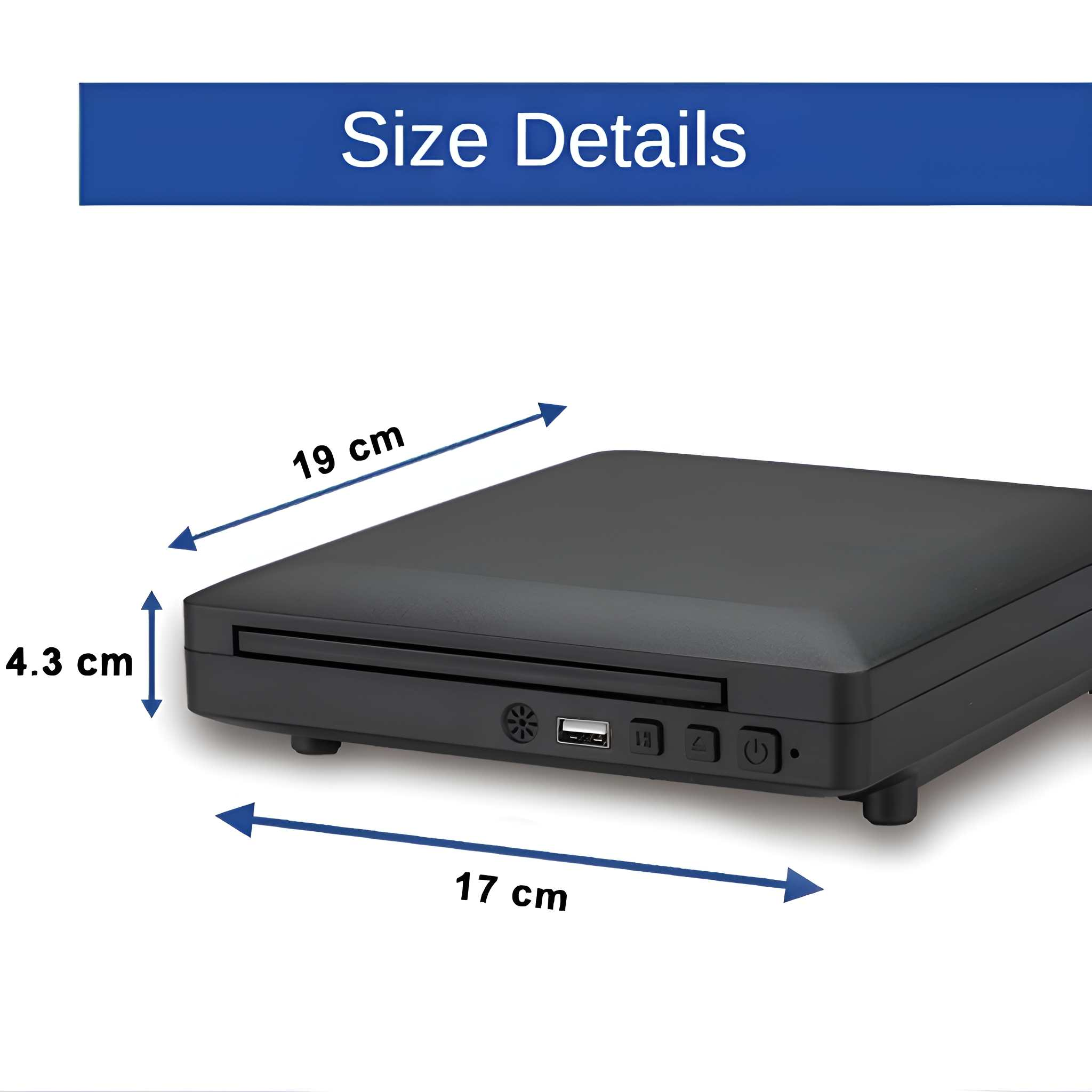 Ein schwarzer DVD-Player mit Größenangaben: 19 cm lang, 17 cm breit und 4,3 cm hoch, mit einem blauen Balken mit "Größenangaben".
