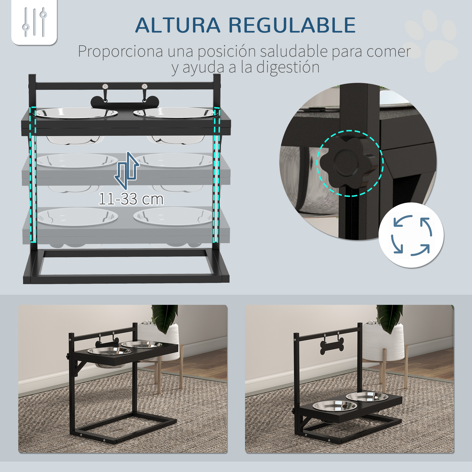 Soporte negro para cuencos para mascotas con altura ajustable. Incluye cuencos y una decoración en forma de hueso. Se muestra en detalle y en un entorno de habitación.
