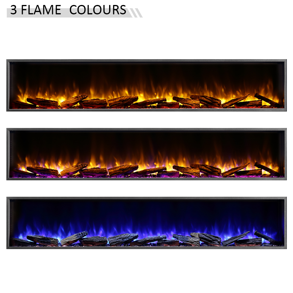 Das Bild zeigt drei elektrische Kamine mit verschiedenen Flammenfarben: orange, orange/lila und blau. Jeder hat Holzscheite in der Basis.