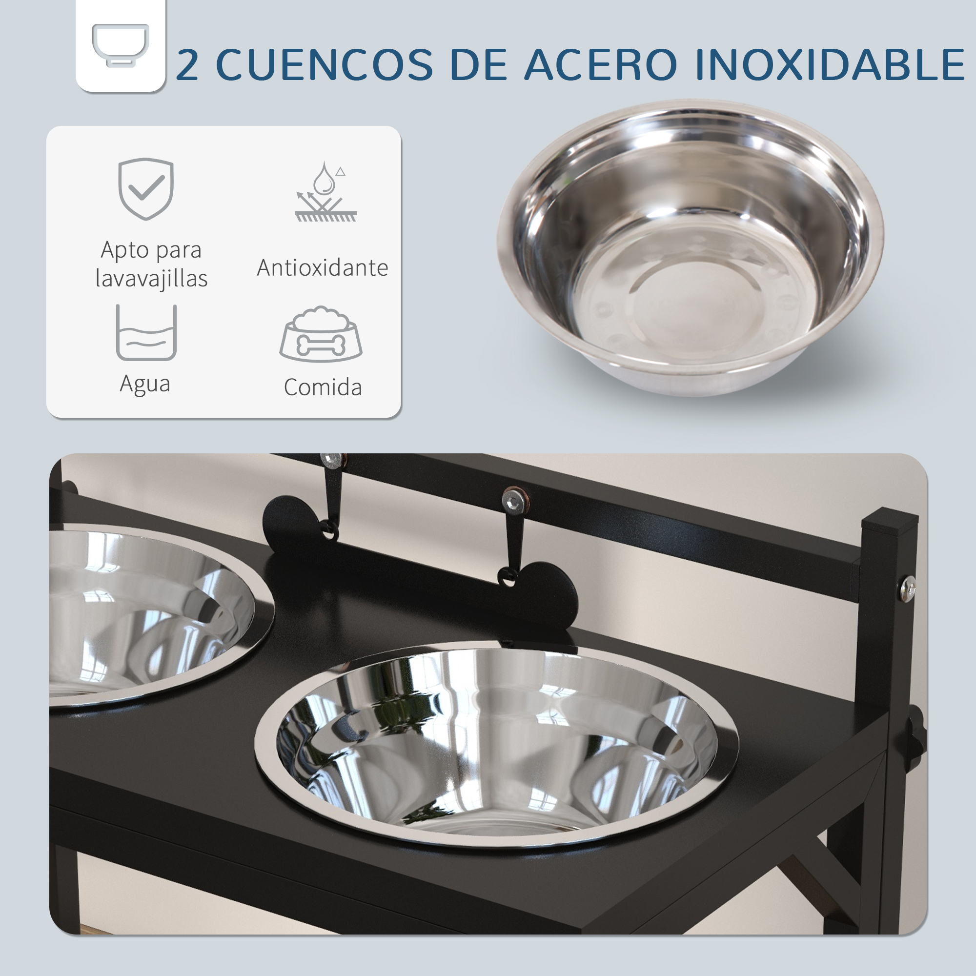 Dos cuencos de acero inoxidable para perros en un soporte negro. Texto: "2 cuencos de acero".  Iconos de agua, comida, apto lavavajillas.