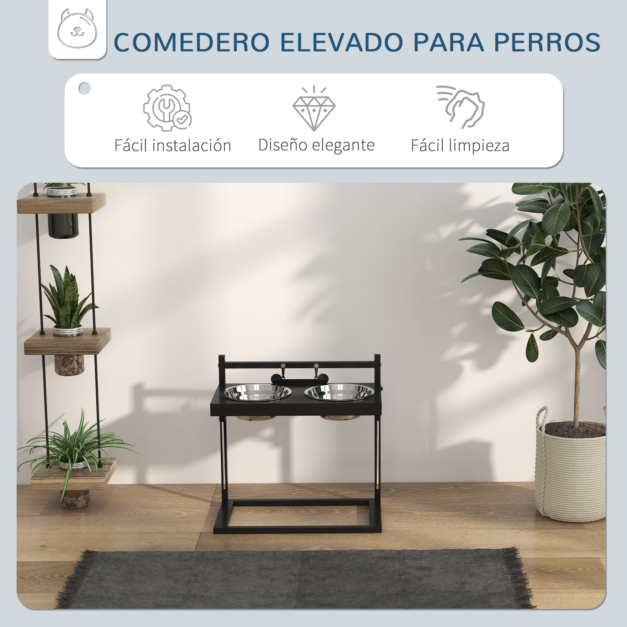 Un comedero elevado para perros con dos cuencos de acero inoxidable. Es negro, frente a una pared blanca. Plantas en el fondo.
