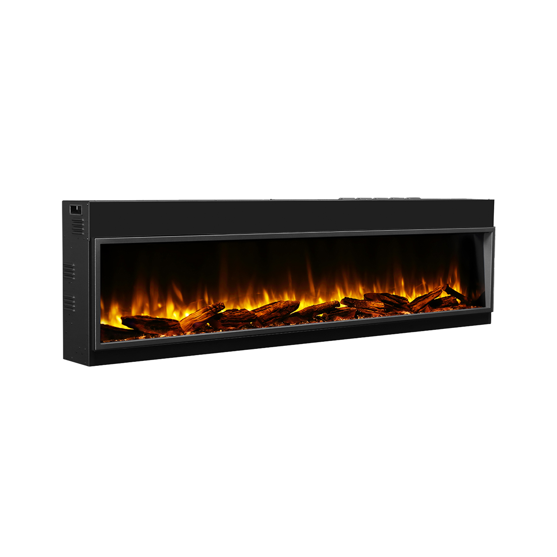 Ein schwarzer Elektrokamin mit orangefarbenen Flammen und Holzscheiten. Der Hintergrund ist weiß.