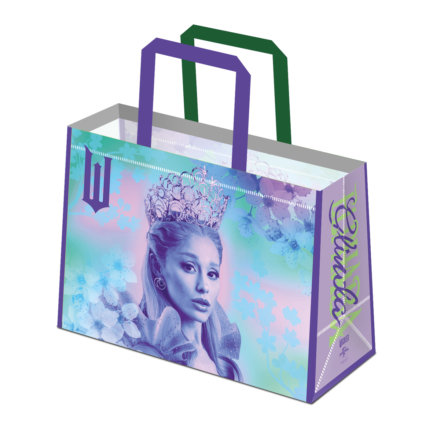 Einkaufstasche mit dem Bild einer Frau mit Krone. Die Tasche hat lila und grüne Griffe. Der Hintergrund ist pastellfarben und mit Blumen.