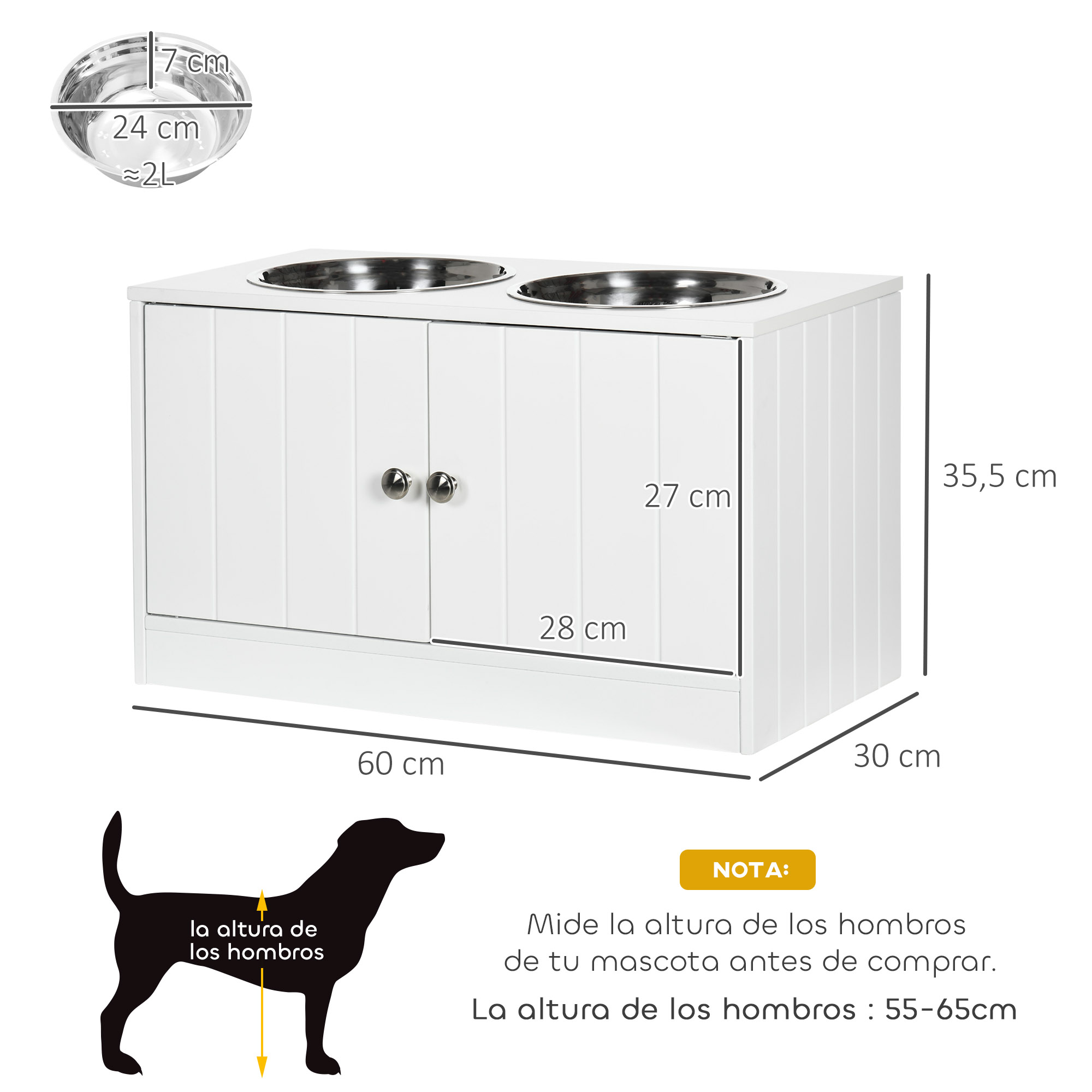 Armario blanco para comida de mascotas con dos cuencos de acero inoxidable. Dimensiones etiquetadas. Silueta de perro con guía de altura.