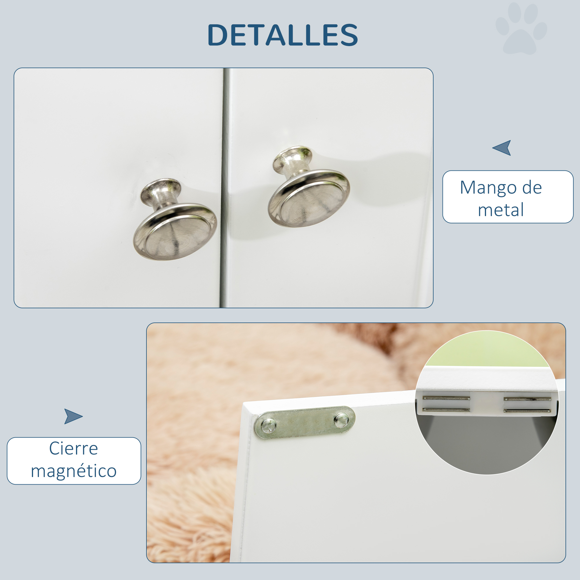 Primer plano de un armario blanco con tiradores metálicos y cierre magnético. Detalles incluyen puertas y un fondo peludo.