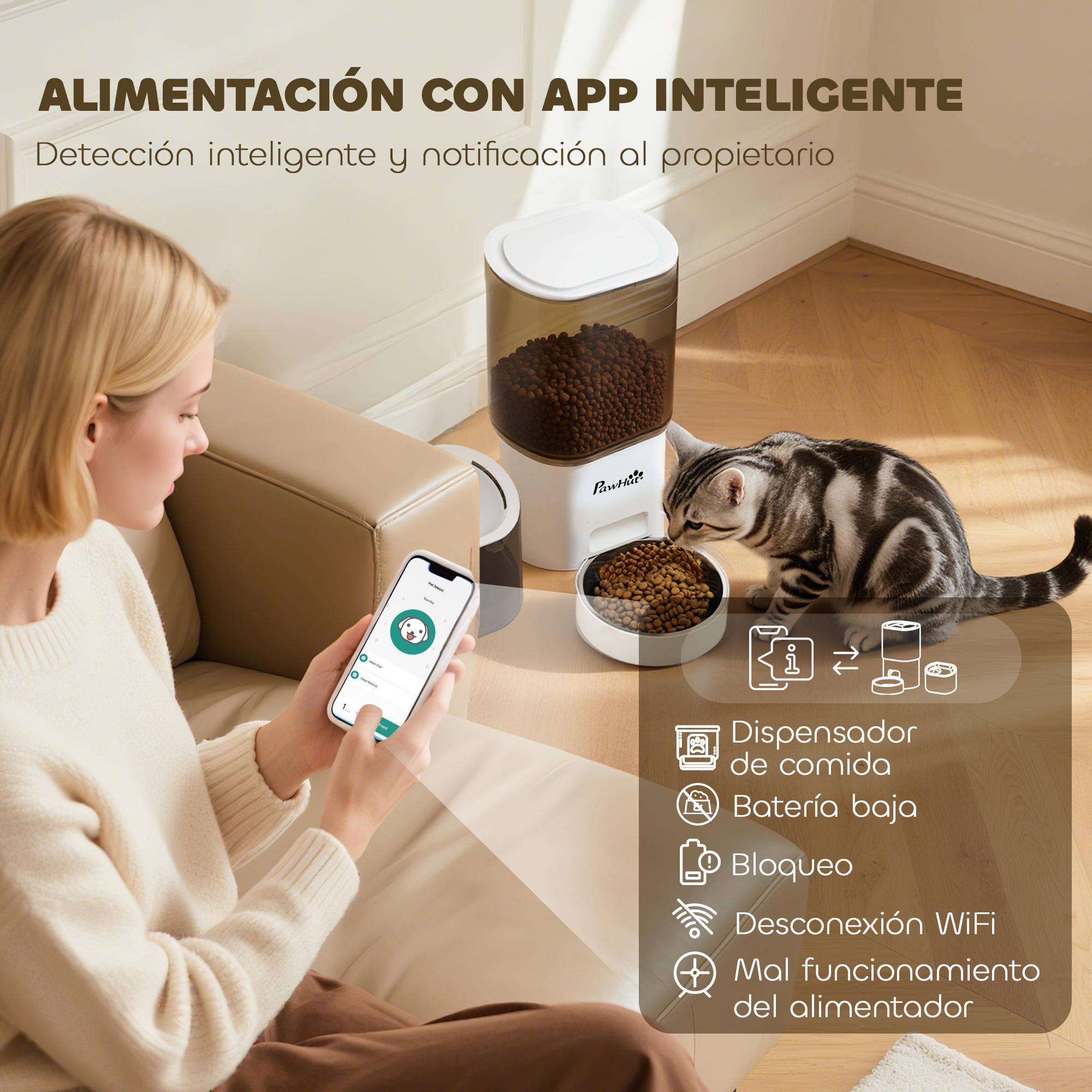 Una mujer usa una app junto a un comedero inteligente. Un gato come de un plato. Texto: 'Alimentación inteligente con app'.
