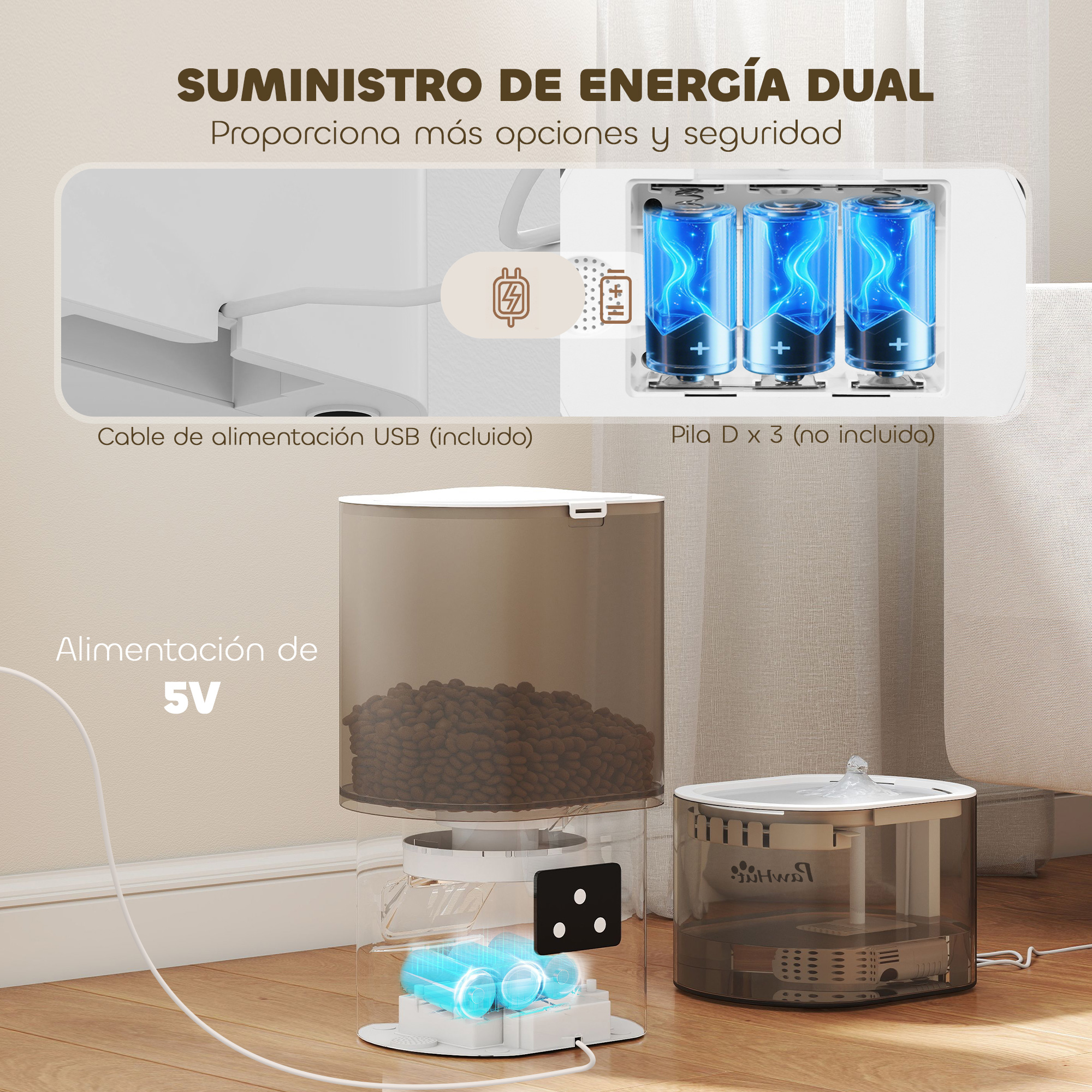 Imagen de comedero dual para mascotas. Incluye cable USB u opción de tres pilas D, con un contenedor transparente para comida.