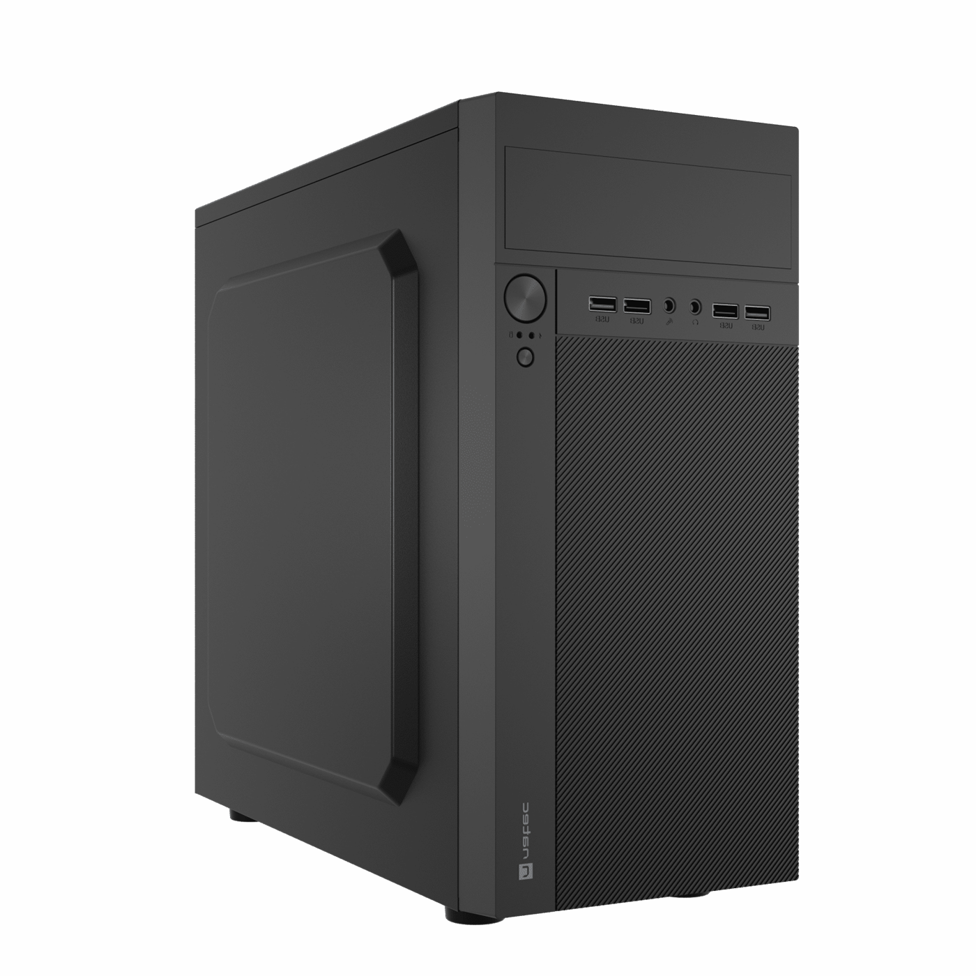 Un case per computer nero con pannello frontale strutturato. Ha porte USB, pulsante di accensione e jack audio. Il marchio è visibile.