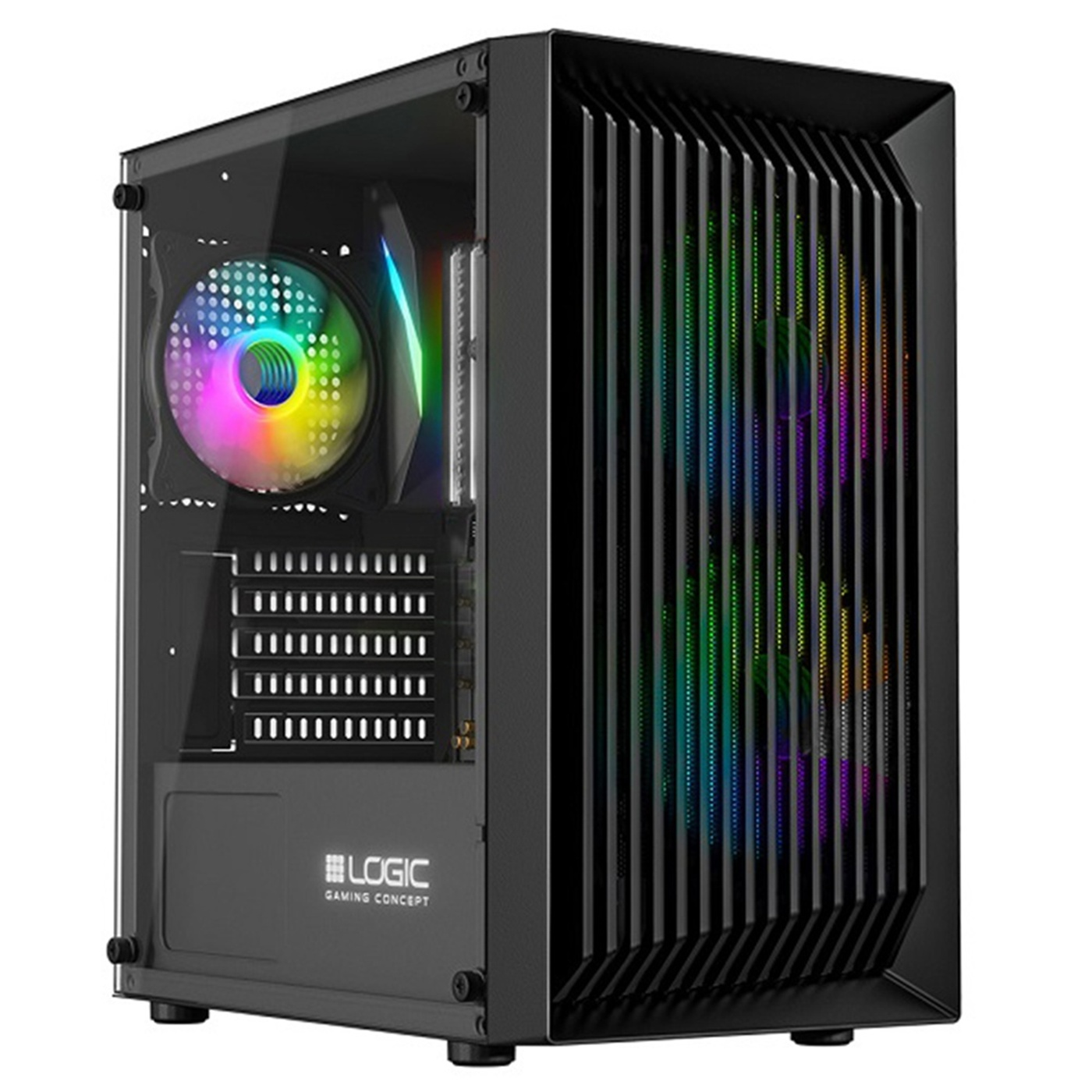 Case nero per computer con pannello laterale in vetro. All'interno, una ventola colorata e componenti. Il frontale ha linee nere verticali.