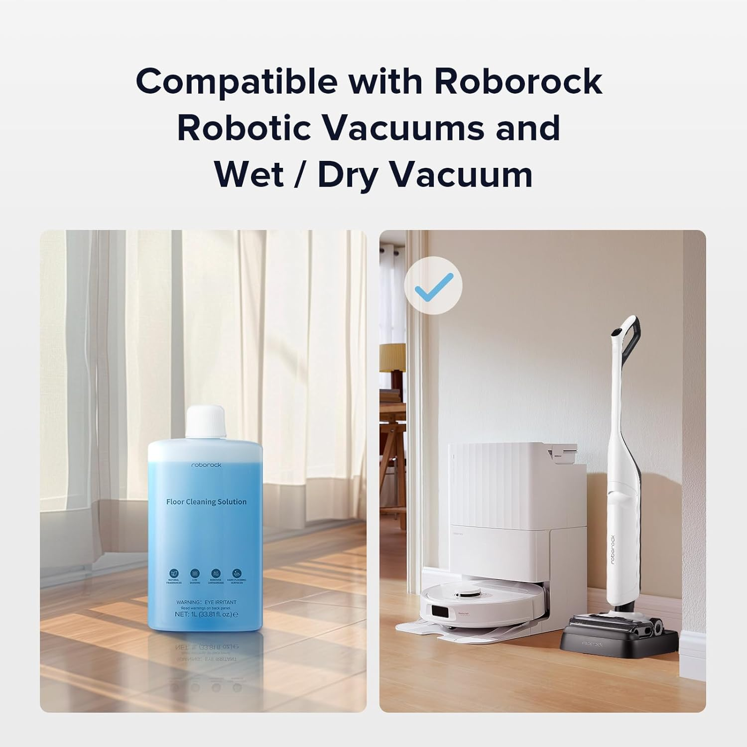 Afbeelding toont een blauwe fles vloerreinigingsmiddel en een witte robotstofzuiger en een steelstofzuiger. De tekst zegt: Compatibel met Roborock.
