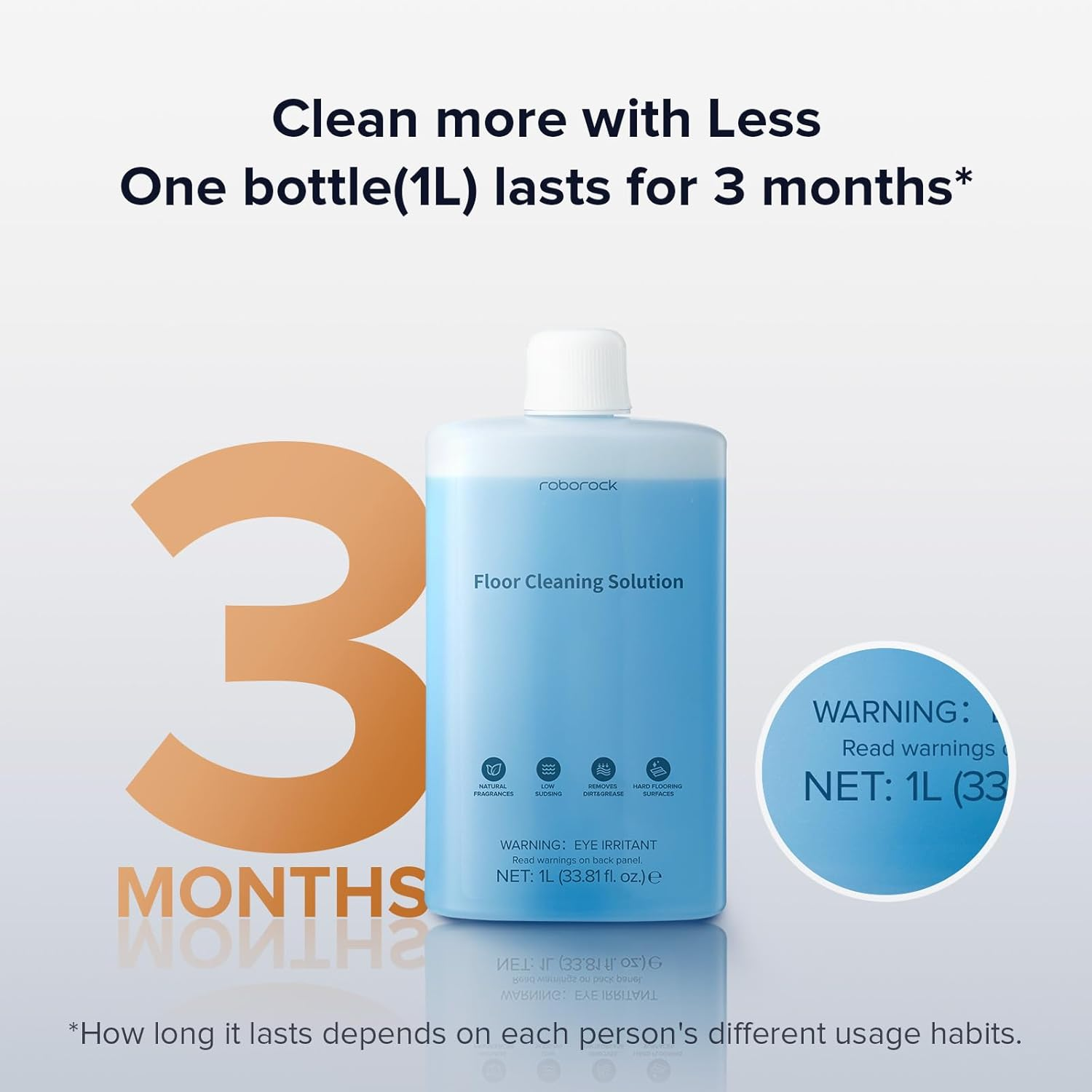 De afbeelding toont een blauwe fles vloerreinigingsoplossing, met de tekst "3 maanden" en de tekst "Reinig meer met minder".