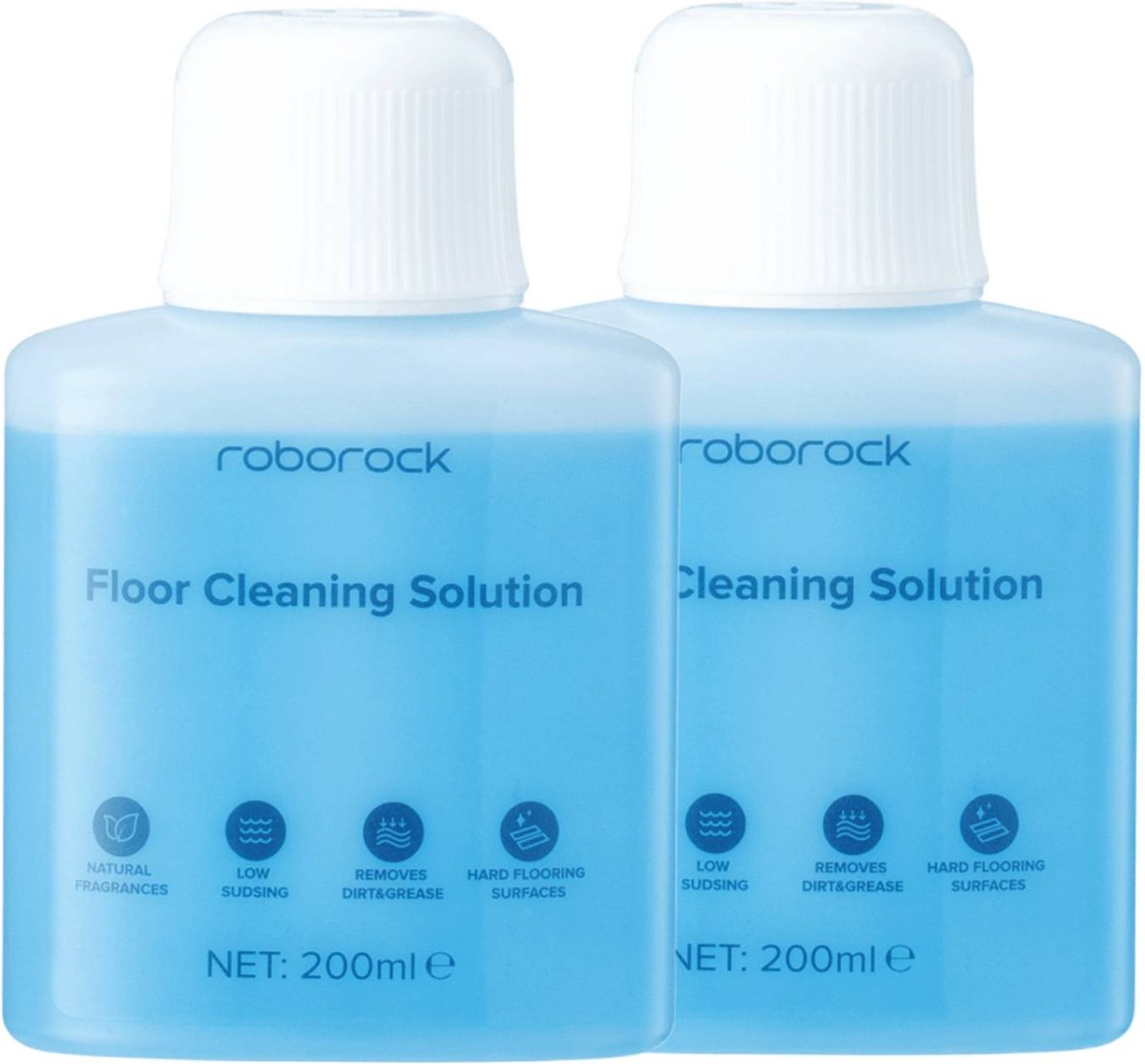 Twee blauwe flessen Roborock vloerreinigingsoplossing met witte doppen. Labels geven natuurlijke geuren, weinig schuim en verwijdert vuil aan.