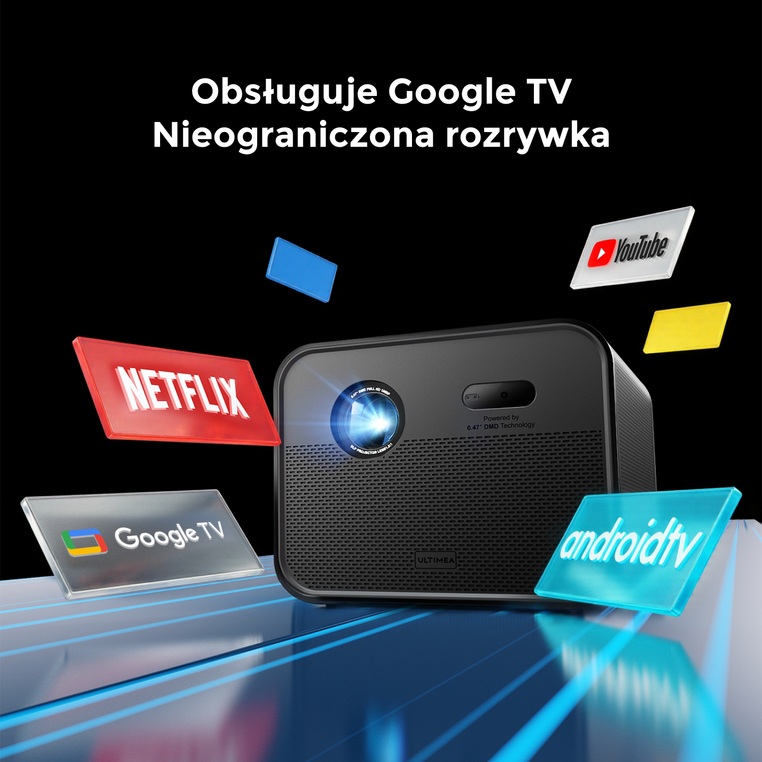 Czarny projektor z pływającymi logotypami aplikacji, takimi jak Netflix i YouTube. Tekst brzmi: 'Obsługuje Google TV Nieograniczona rozrywka'.