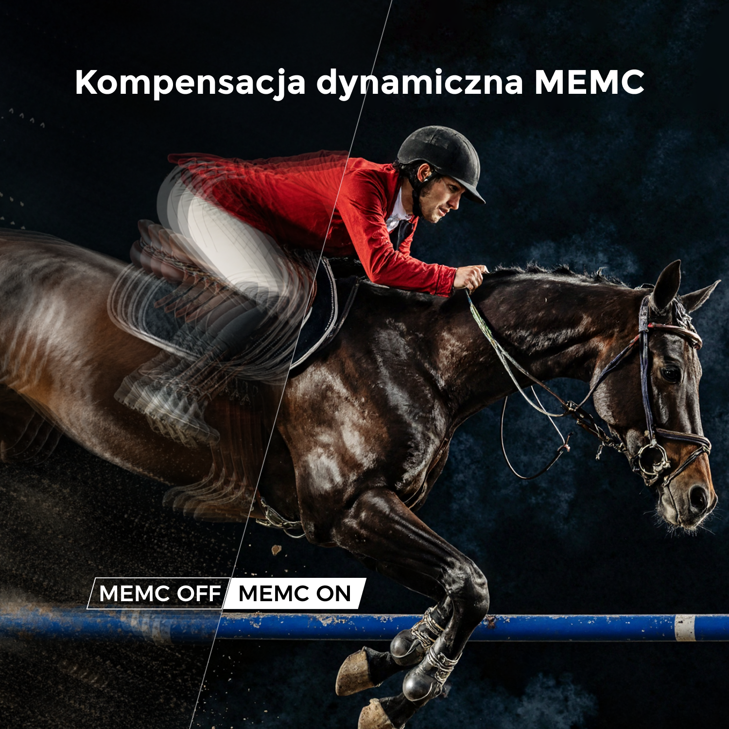 Jeździec w czerwonej kurtce na koniu skaczącym przez niebieską przeszkodę. Obraz pokazuje MEMC OFF i MEMC ON, podkreślając przejrzystość ruchu.