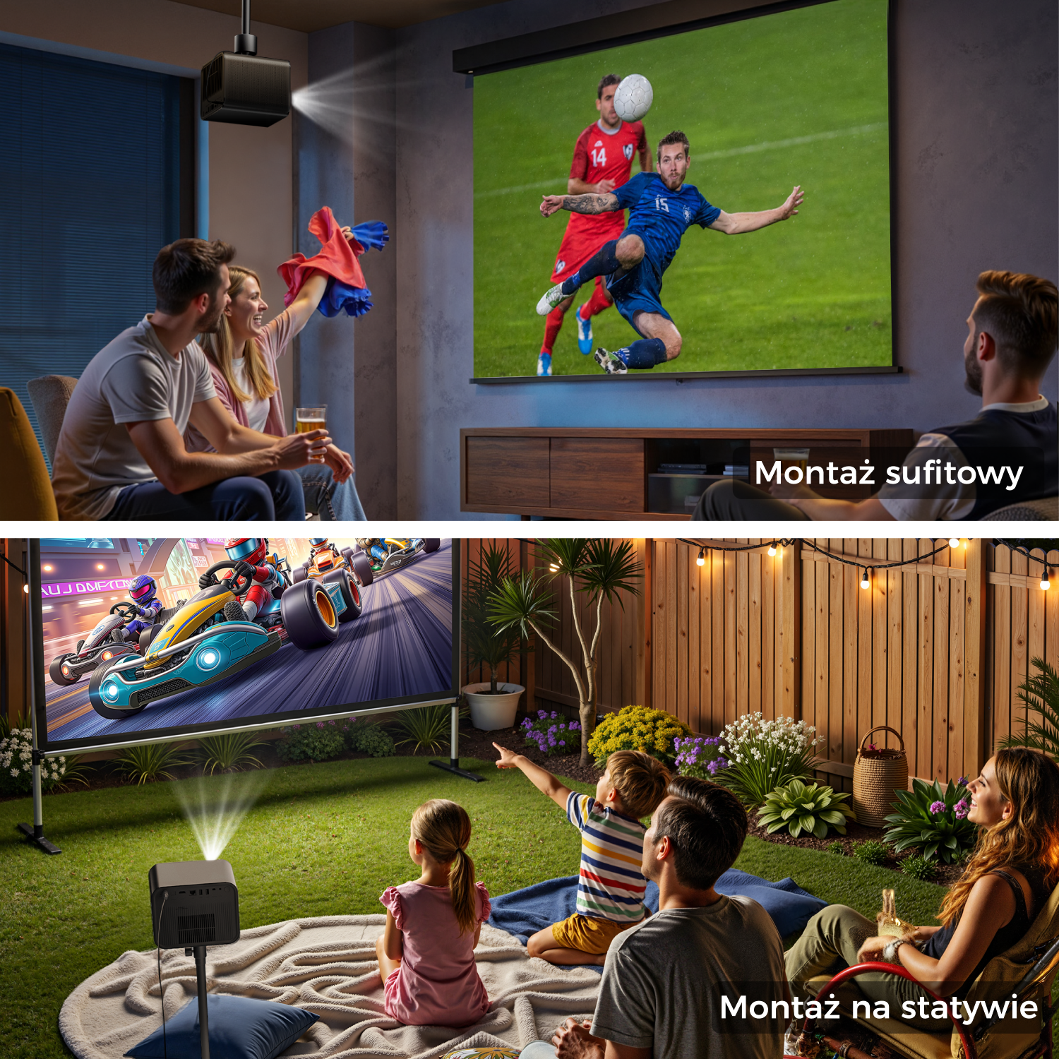 Dwie sceny: ludzie oglądają mecz piłki nożnej w pomieszczeniach i grę w gokarty na zewnątrz, oba na wyświetlanych ekranach.