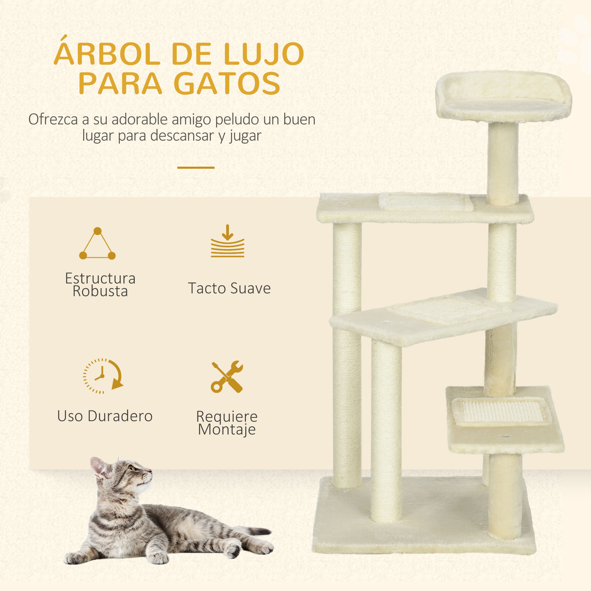 Un árbol para gatos con múltiples niveles, postes y plataformas. Un gato atigrado gris está acostado sobre una superficie crema.