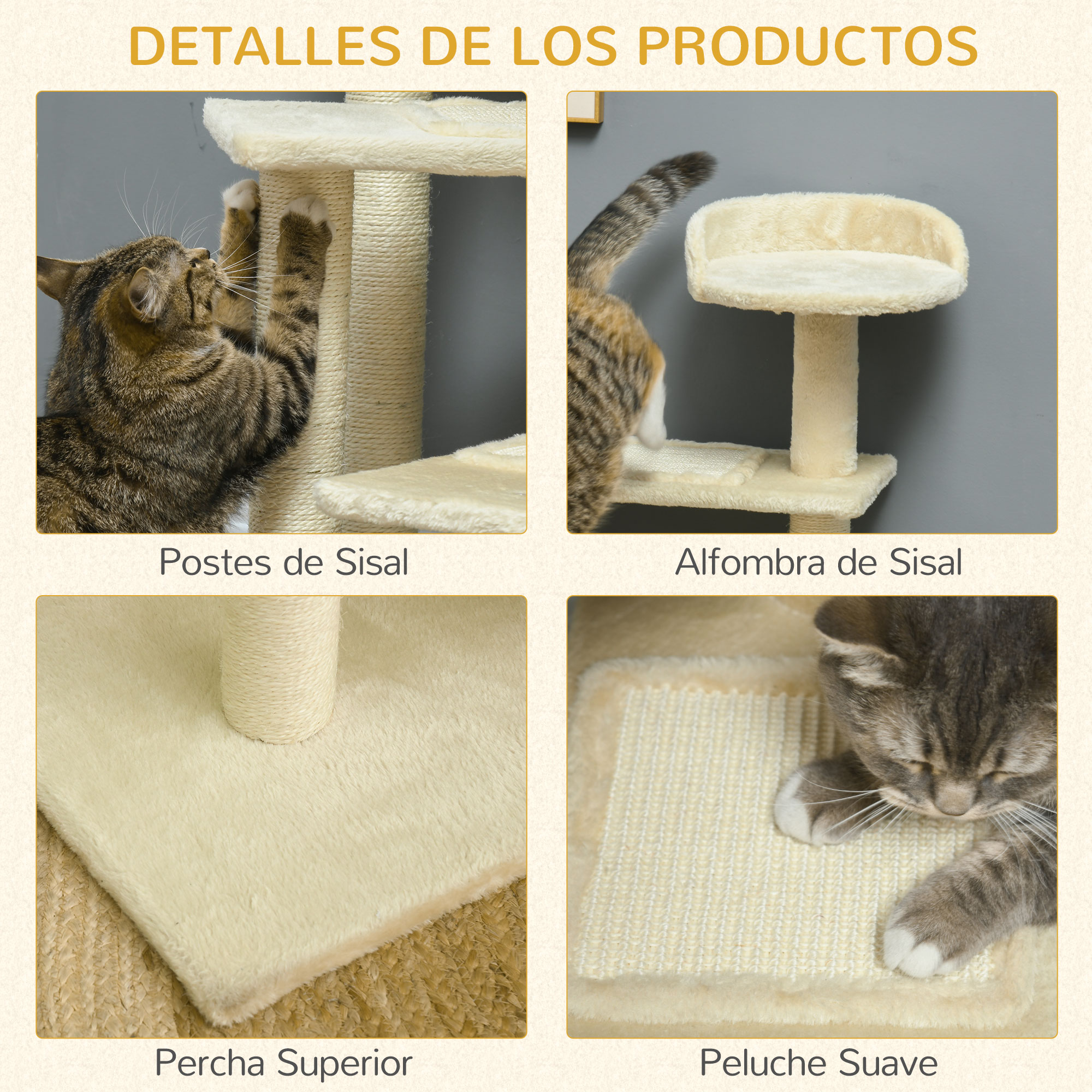 Cuatro imágenes que muestran árboles para gatos. Un gato arañando un poste de sisal, otro con cola de gato y un gato sobre una superficie suave.