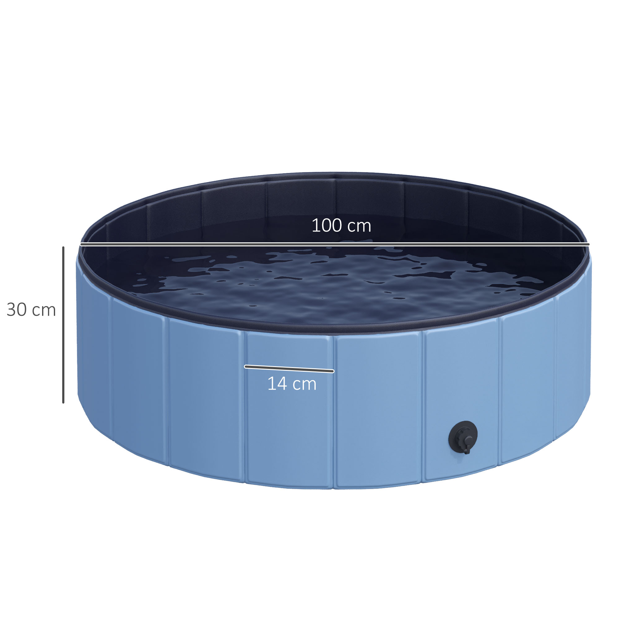 Una piscina redonda azul y negra para mascotas con agua dentro. Las medidas son 100 cm de diámetro, 30 cm de altura y 14 cm de ancho.