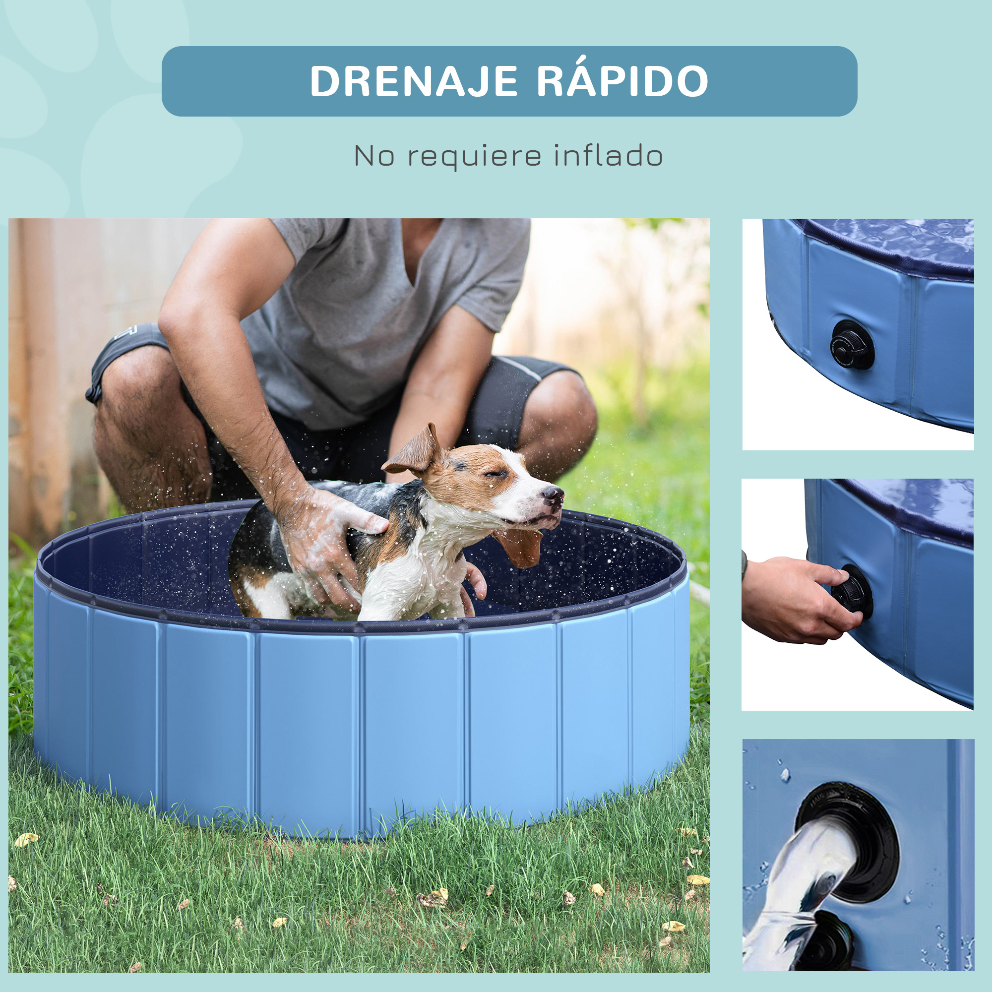 Una persona baña un Beagle en una piscina azul. La piscina está sobre césped. El agua sale de una válvula.