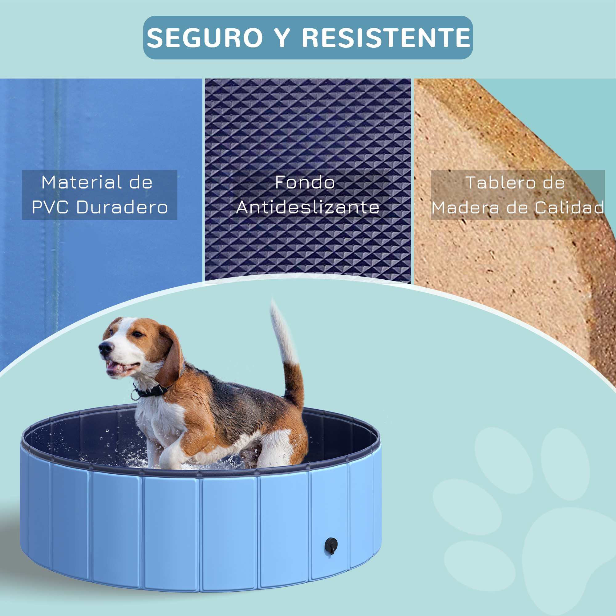 Un perro beagle en una piscina plegable azul, salpicando agua. La imagen también muestra muestras de materiales: PVC, antideslizante y madera de calidad.