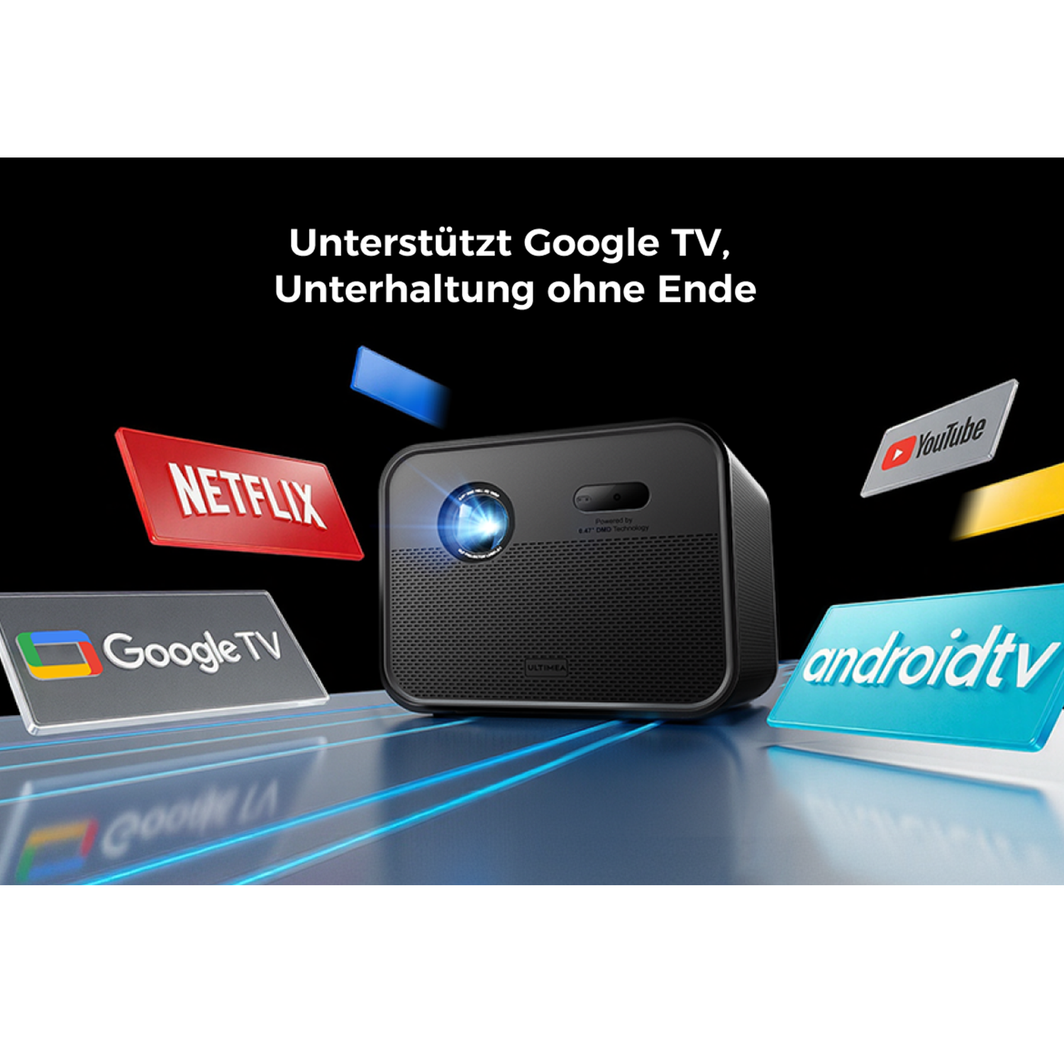 Ein schwarzer Projektor mit dem Text 'Unterstützt Google TV' und App-Logos wie Netflix, YouTube und Android TV auf blauer Oberfläche.
